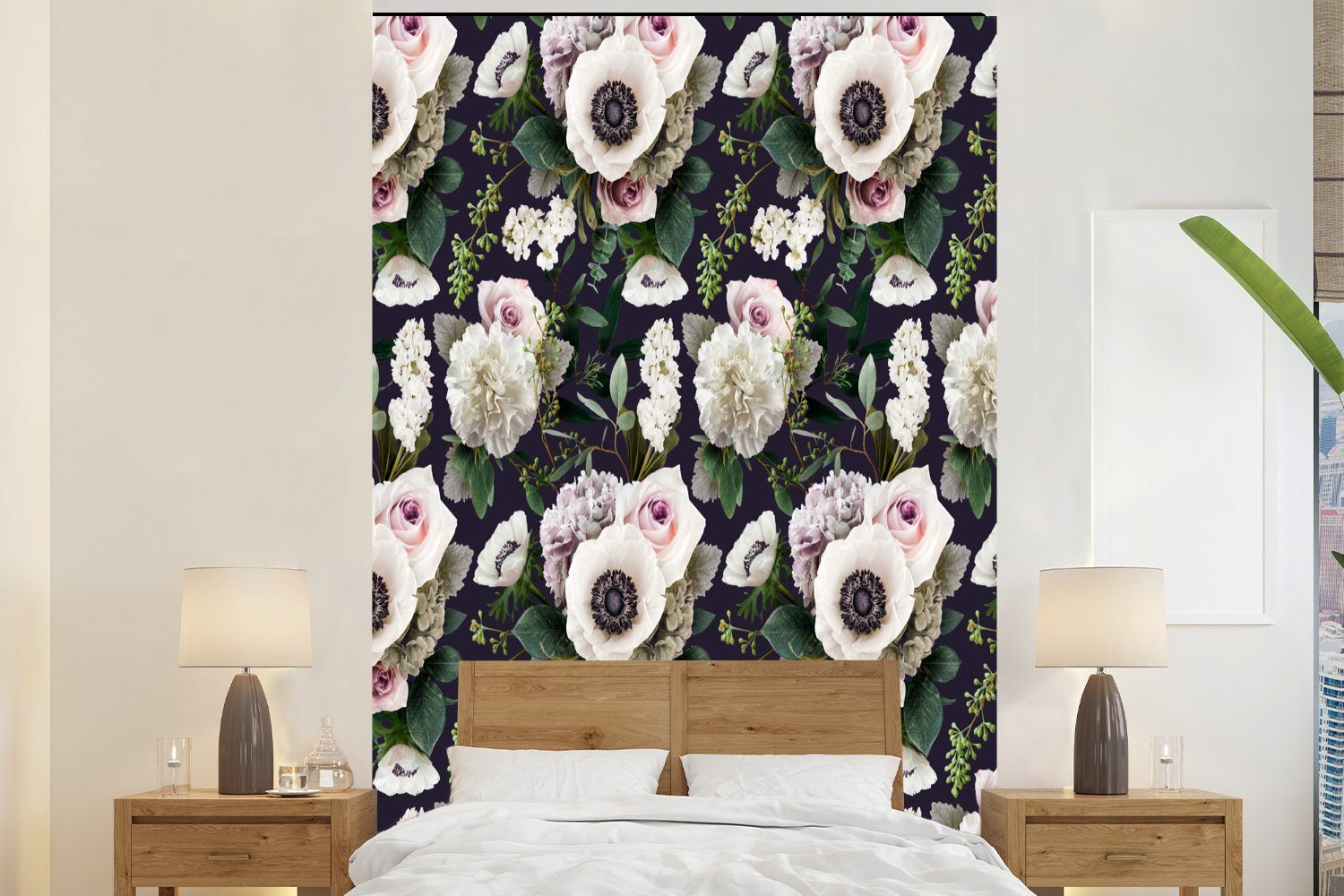 MuchoWow Fototapete Blumen - Anemone - Muster, Matt, bedruckt, (3 St), Montagefertig Vinyl Tapete für Wohnzimmer, Wandtapete