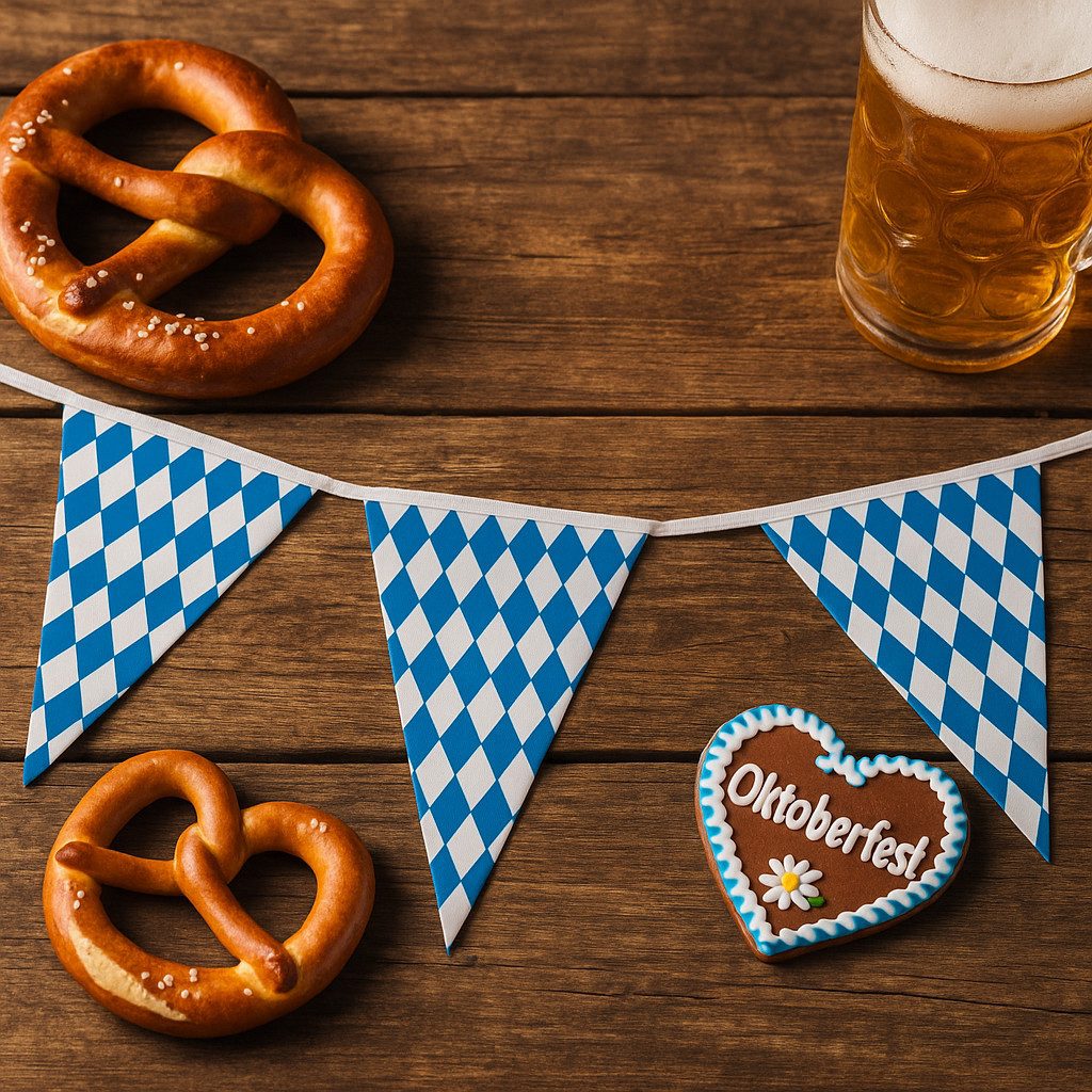 Fries Girlande Oktoberfest Wimpelgirlande 10 m Bayern Party Deko blau-weiß wetterfest, Zünftig, wetterfest, vielseitig