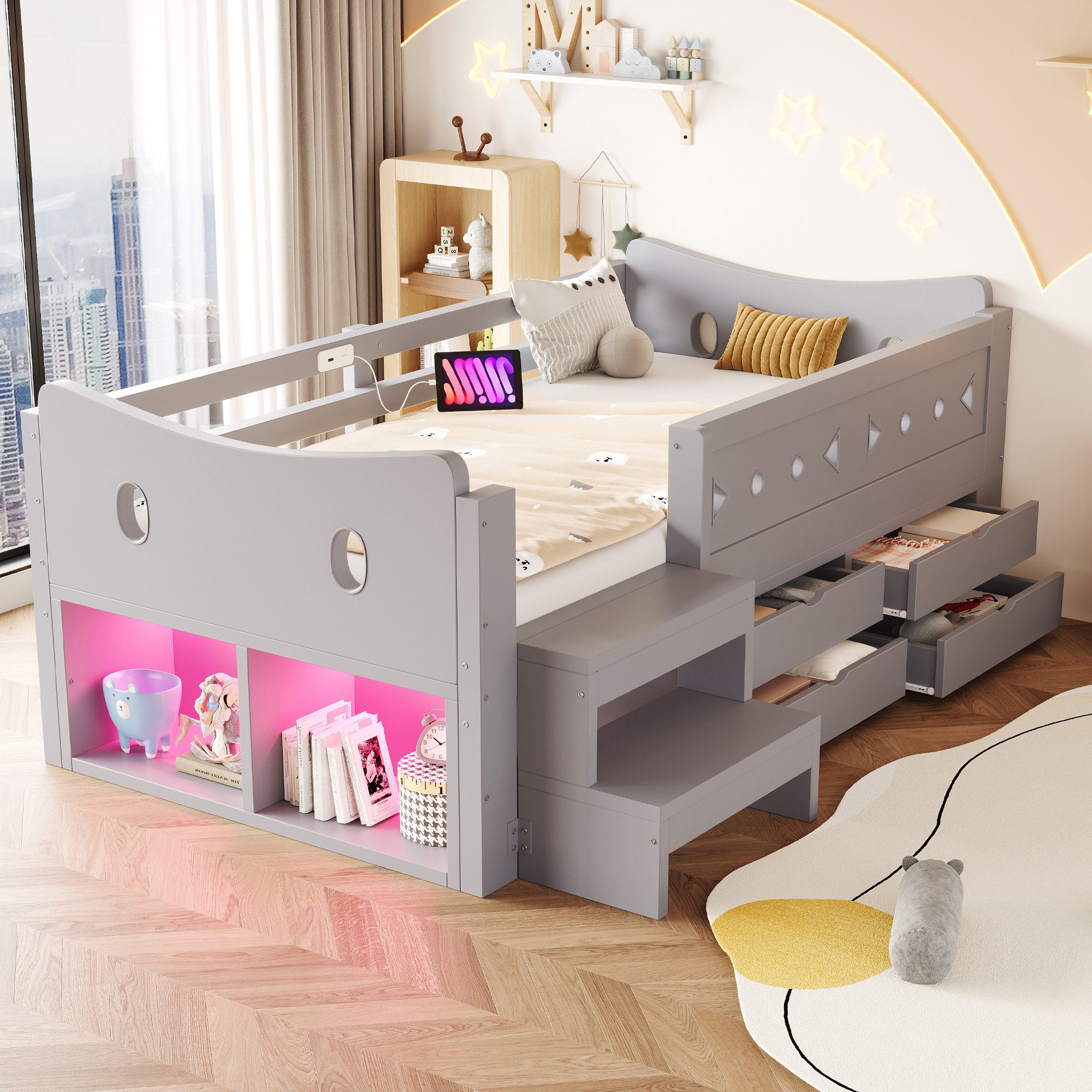 Merax Kinderbett 90×200cm mit LED-Beleuchtung und USB- & Typ-C-Anschluss (1-tlg., Einzelbett Hausbett aus Kiefernholz), Jugendbett mit 4 Schubladen, Sicherheitsgitter, Leiter & Stauraum