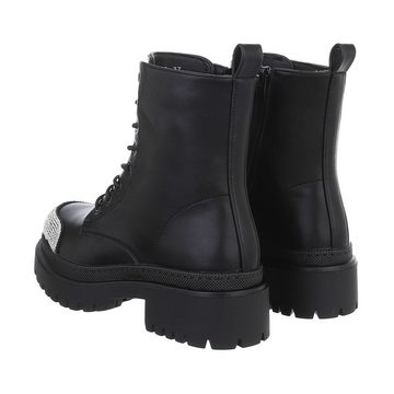 Ital-Design Damen Schnürschuhe Freizeit Schnürstiefelette Blockabsatz Plateaustiefeletten in Schwarz