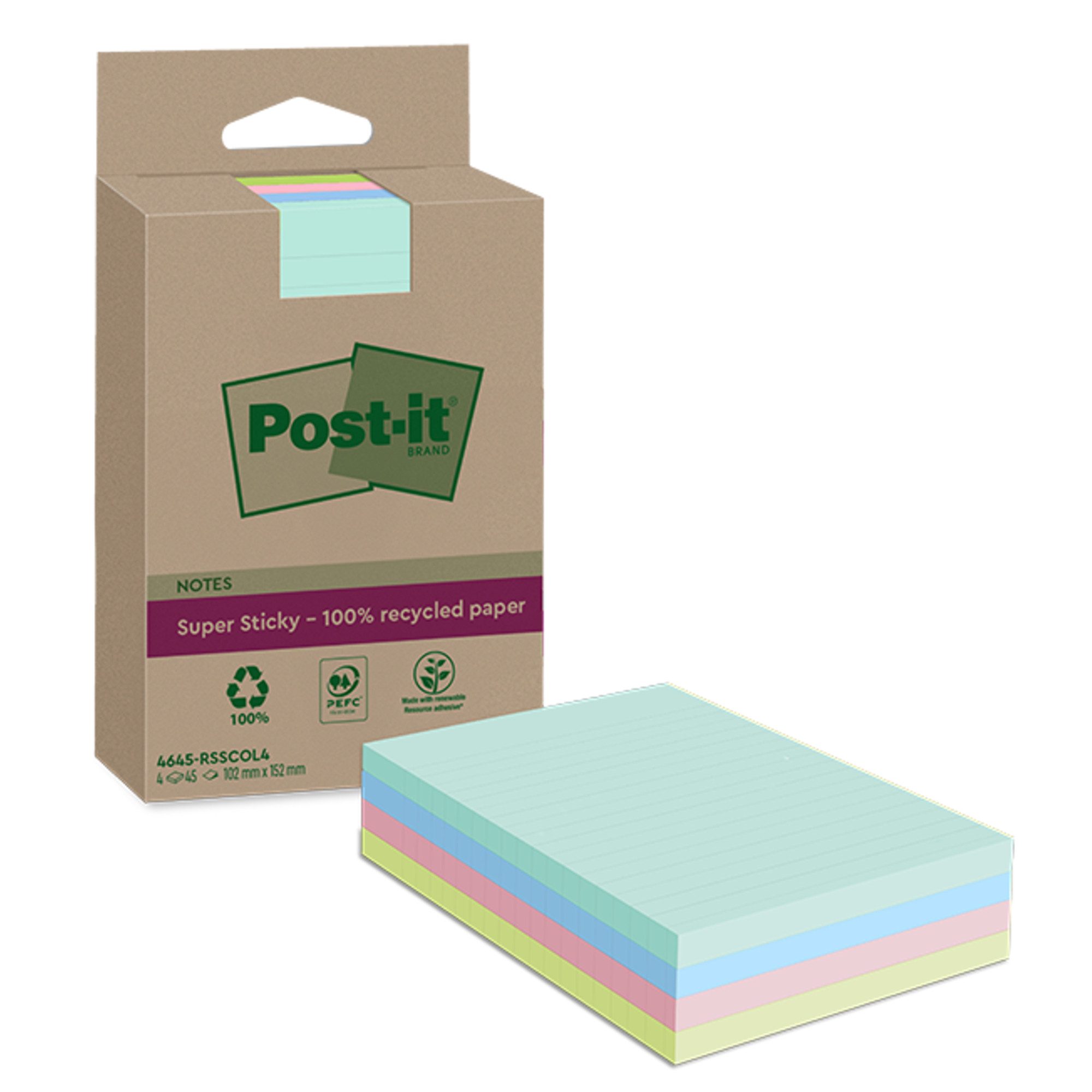 Haftnotizblock Haftnotiz Super Sticky 4645-RSSCOL4 102x152mm 4x45 Blatt