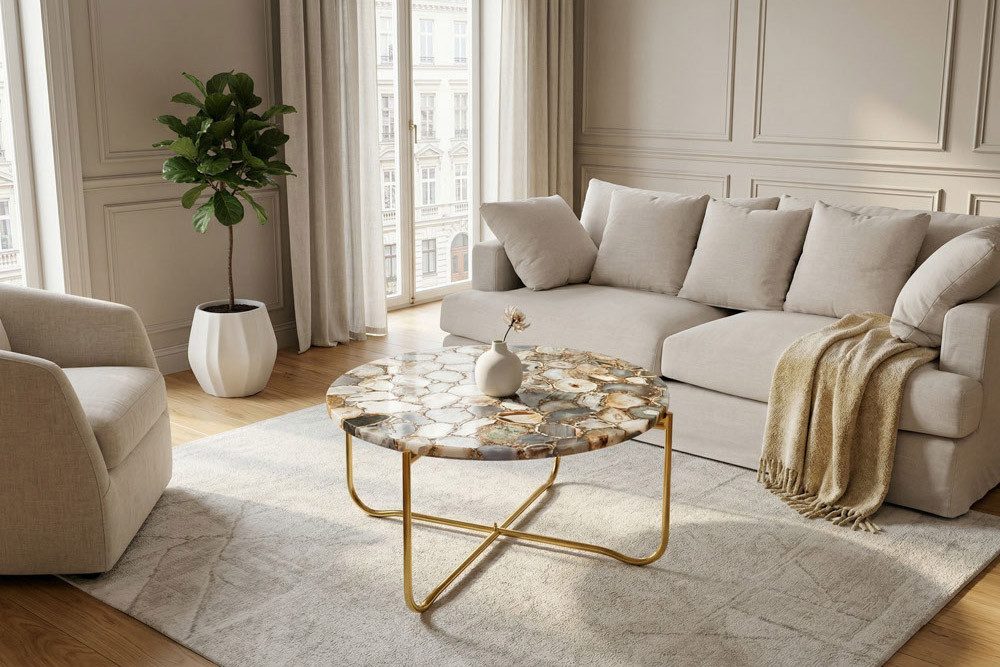 riess-ambiente Couchtisch NOBLE Ø65cm bunt / gold - Edelstein, Achat, handmade, rund, klappbar (Einzelartikel, 1-St), individueller Beistelltisch - ideal für gl – Bild 4 von 5