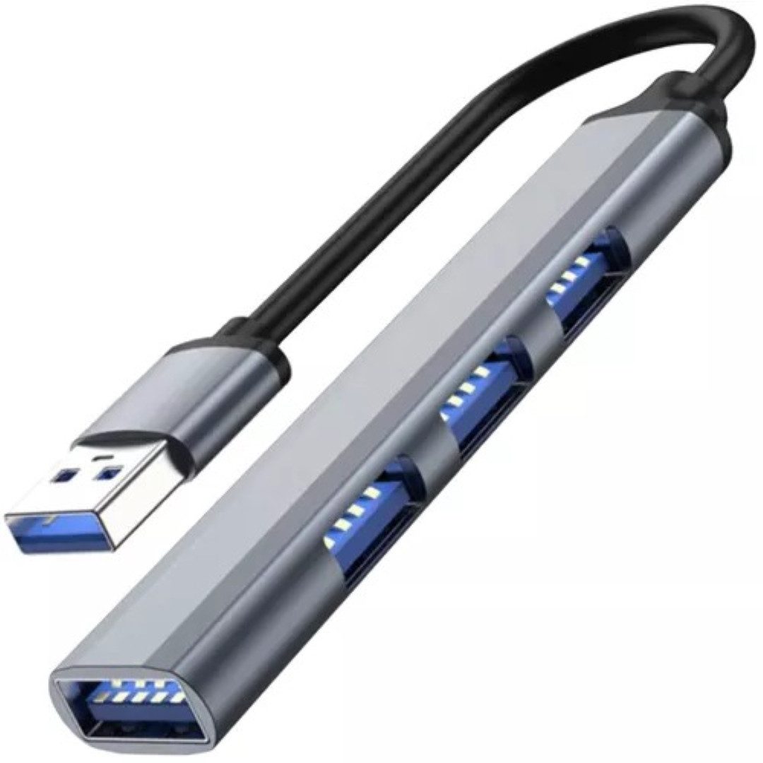 4-Port USB Hub Aluminium Splitter, Plug-and-Play, grau, kompakt. USB-Adapter