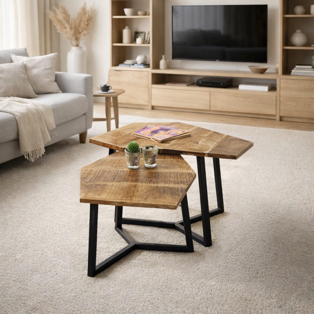 Amagohome Couchtisch 2er-Set sechseckige Couchtische München aus massivem Mangoholz & Eisen – Bild 2 von 5