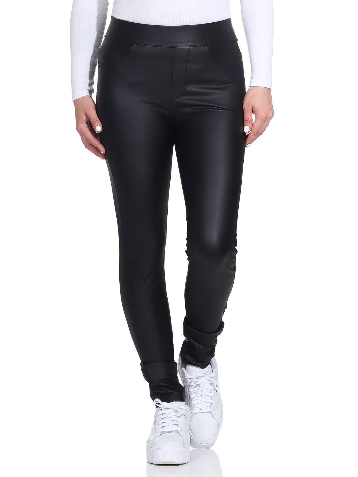 Aurela Damenmode Thermoleggings Damen Leder Hose gefütterte Leggings extra Slim, breiter Gummizug, moderner 5 Pocket-Style