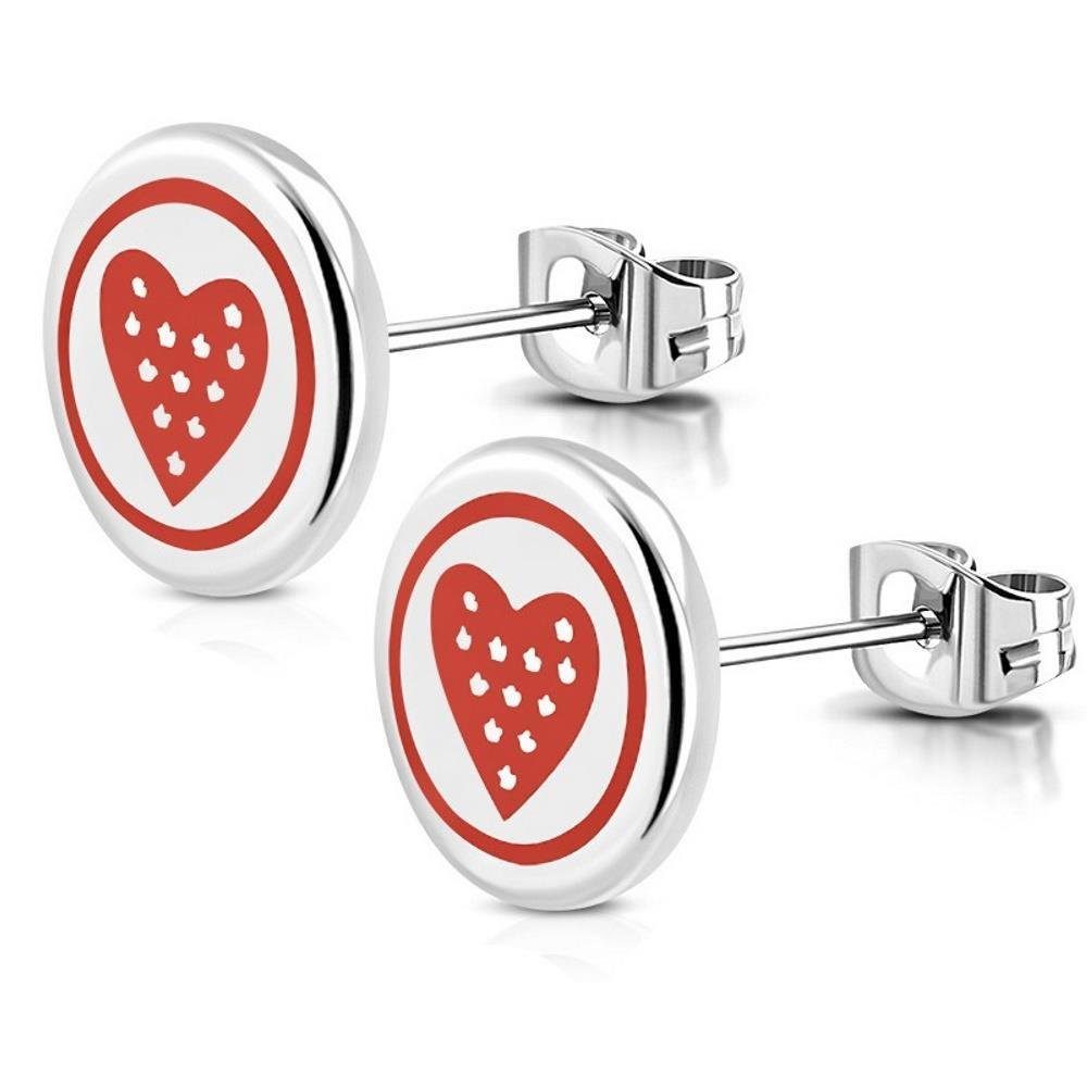 BUNGSA Ohrring-Set Ohrstecker rund mit rotem Druck verschiedene Motive Silber aus Edelsta (1 Paar (2 Stück), 2-tlg), Ohrschmuck Ohrringe gepunktetes Herz