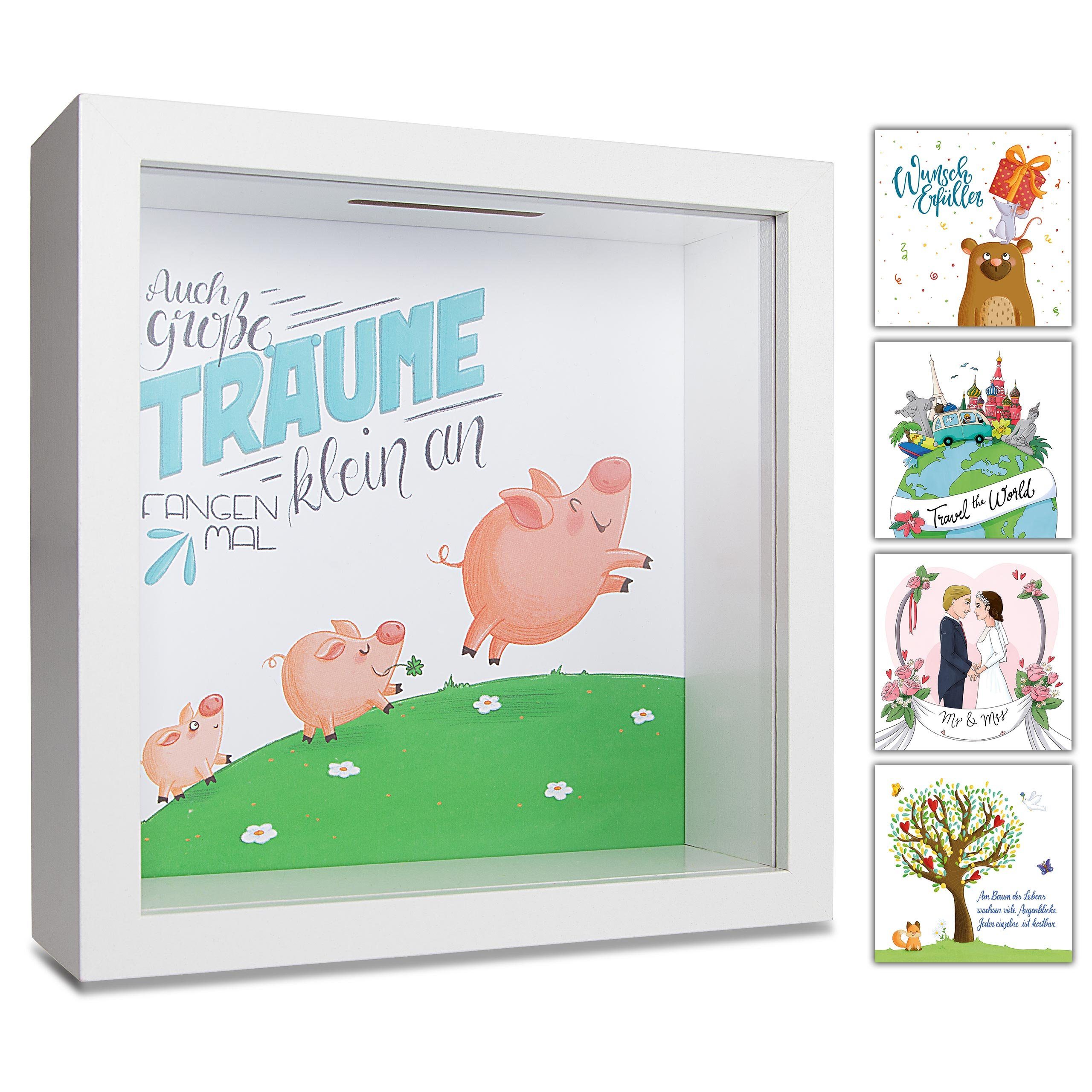 6 I Lebensbaum, mit Dream Verpackung & Hochzeit, Geburtstag Sparschwein, Auswahl, Kinder), Mädchen zur Motive the GLÜCKSWOLKE Sparbüchse Junge (Wunscherfüller, Big, World, für Travel Spardose Geldgeschenke