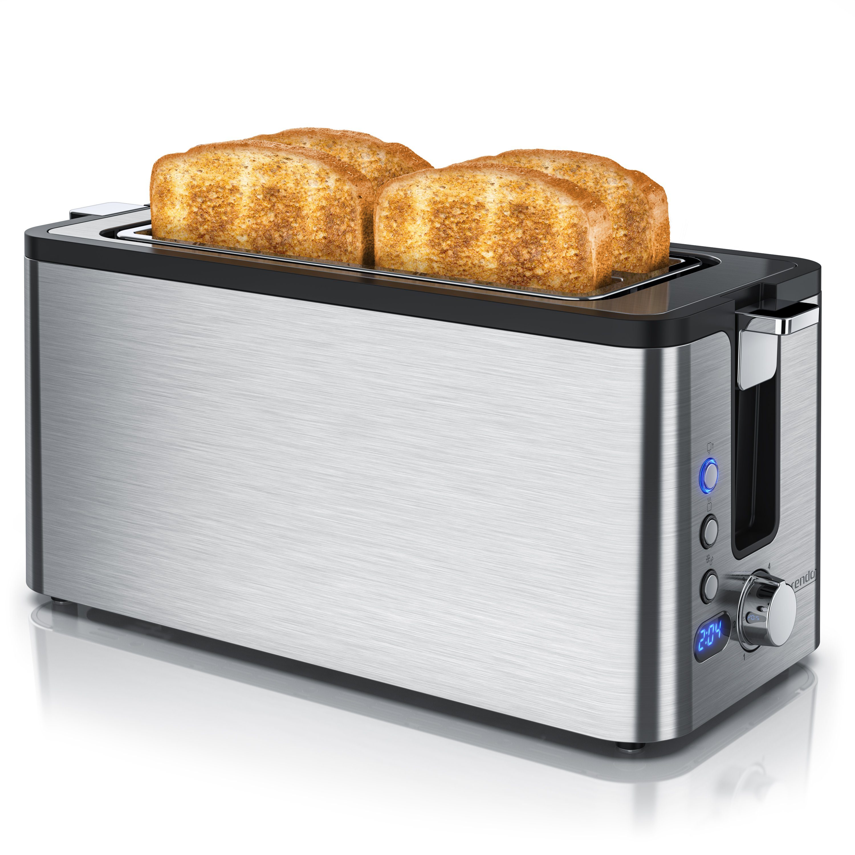 Arendo Toaster Edelstahl, Langschlitz, Display mit Restzeitanzeige, Brötchenaufsatz, 2 lange Schlitze, für 4 Scheiben, 1500 W, Defrost Funktion, Wärmeisolierendes Gehäuse, Krümelschublade
