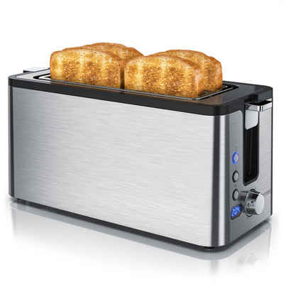 Arendo Toaster, 2 lange Schlitze, für 4 Scheiben, 1400 W, Edelstahl Toaster Langschlitz 4 Scheiben - Defrost Funktion - wärmeisolierendes Gehäuse - mit integrierten Brötchenaufsatz - Krümelschublade - Display mit Restzeitanzeige