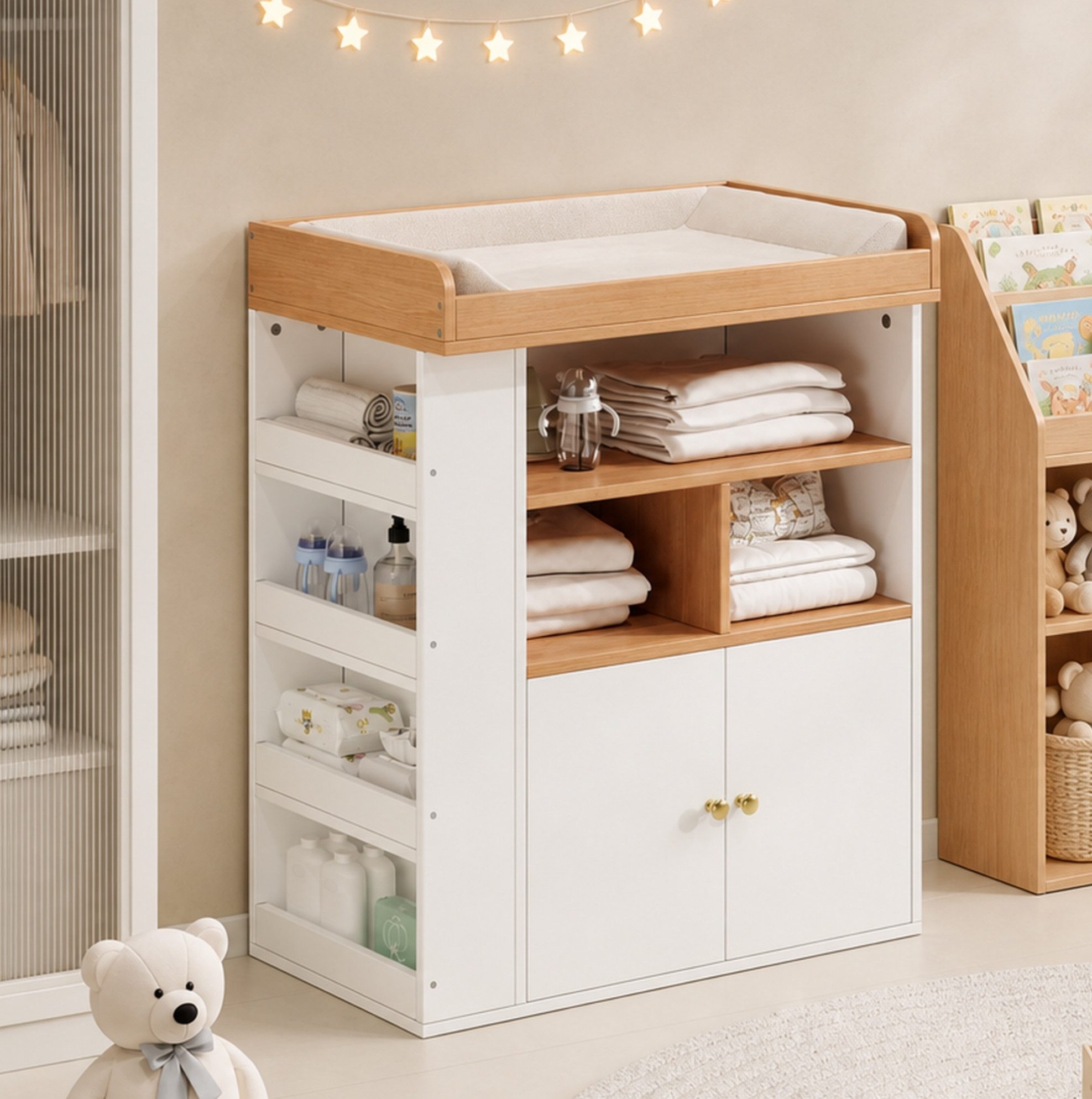 REDOM Wickelkommode Design-Wickelmöbel – 2-in-1, abnehmbar & vielseitig, Weiß+Natur, Schubladen, stabil, praktisch, 82×50×100 cm