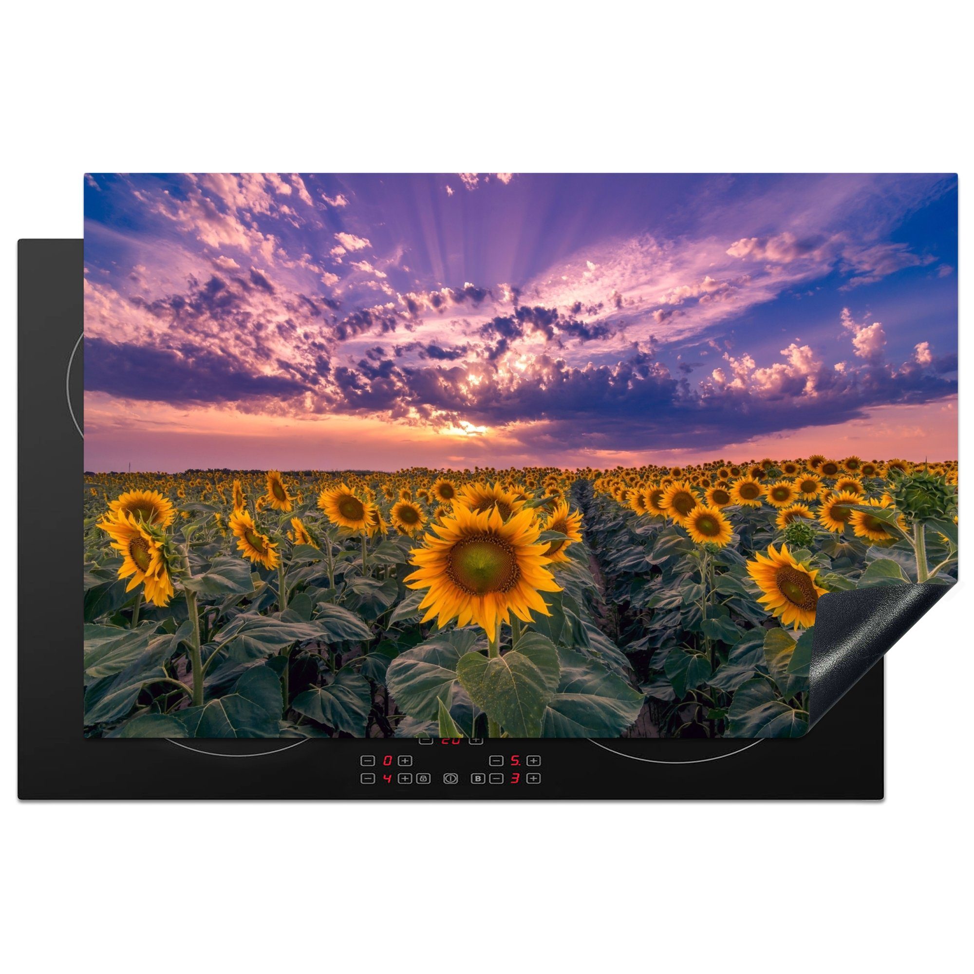 MuchoWow Herdblende-/Abdeckplatte Blumen - Himmel - Lila - Sonnenuntergang, Vinyl, (1 tlg), 81x52 cm, Induktionskochfeld Schutz für die küche, Ceranfeldabdeckung