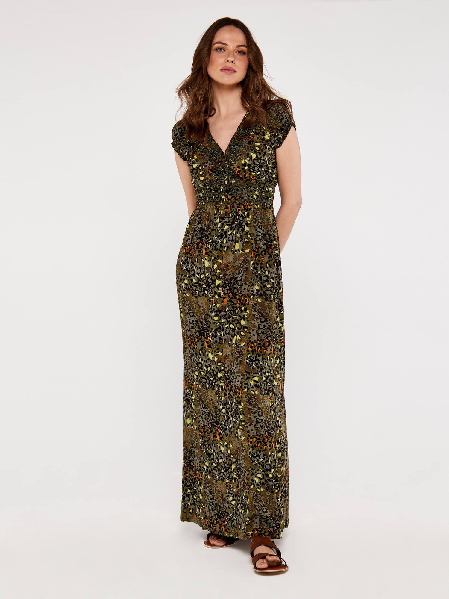 Apricot Sommerkleid mit Animal-Print, gesmokt