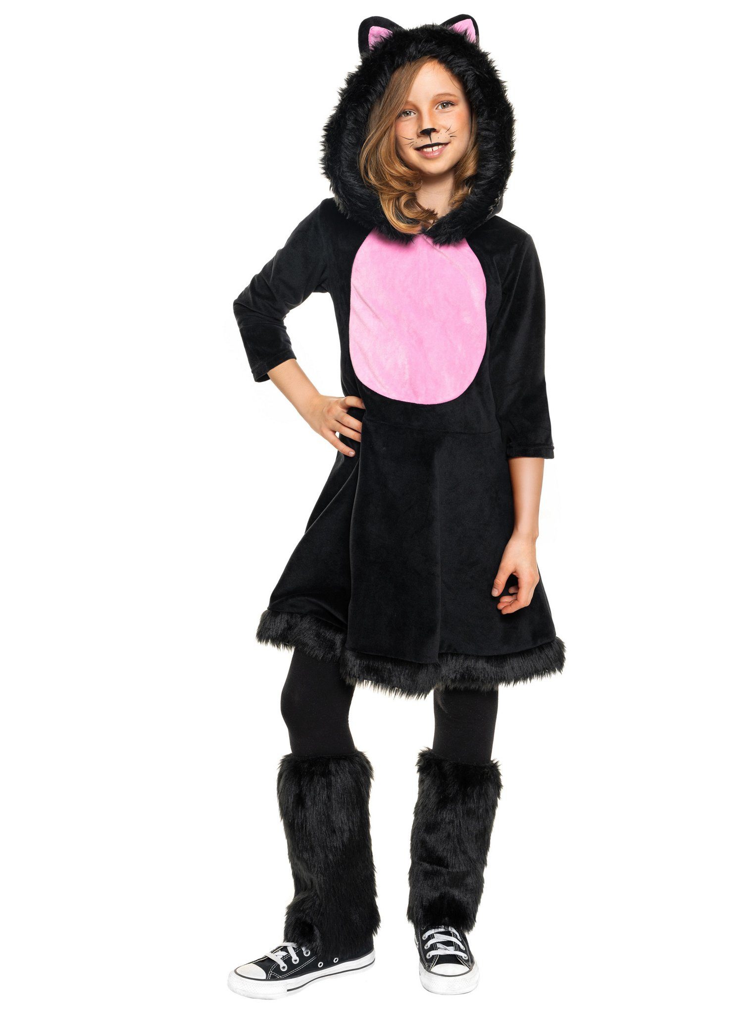 Maskworld Kostüm Katze Tierkostüm - Karneval Faschingskostüm Kinder, Süßes Katzenkleid mit flauschiger Kapuze für Mädchen