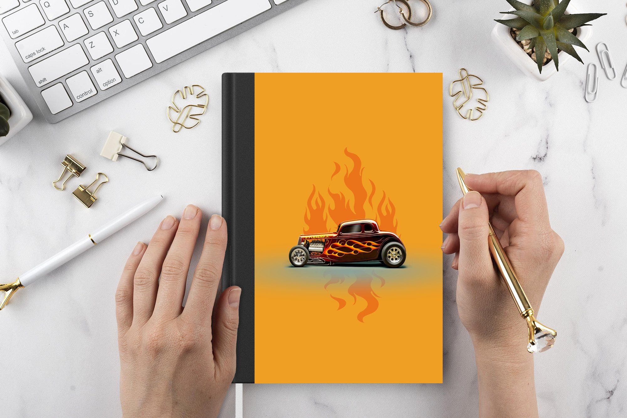 MuchoWow Notizbuch Auto - Flammen A5, Haushaltsbuch Notizheft, Vintage, Merkzettel, - 98 Seiten, Rot Journal, - Tagebuch
