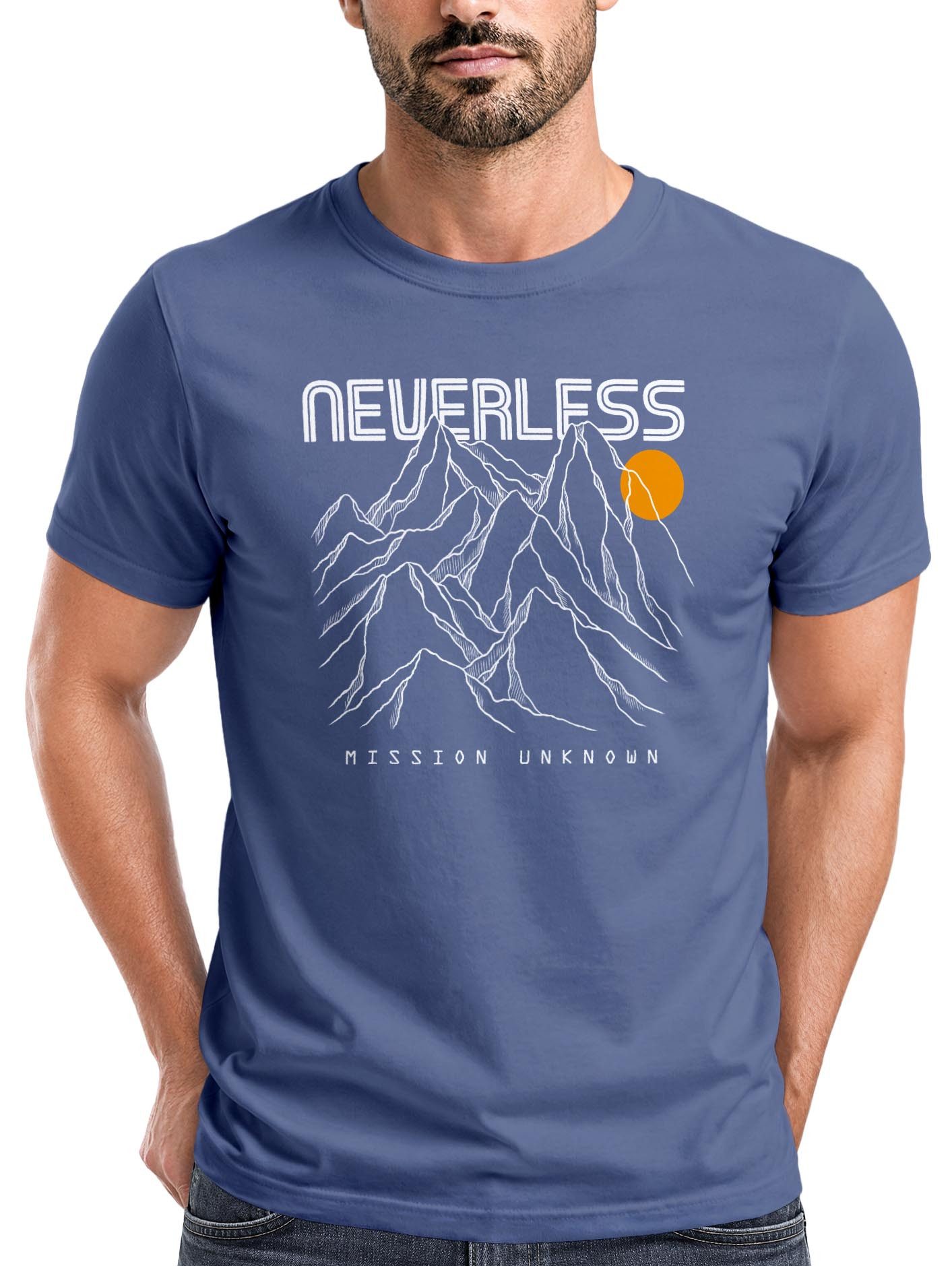 Print-Shirt Herren T-Shirt Frontprint Gebirge Line-Art Printshirt Wandern Outdoor