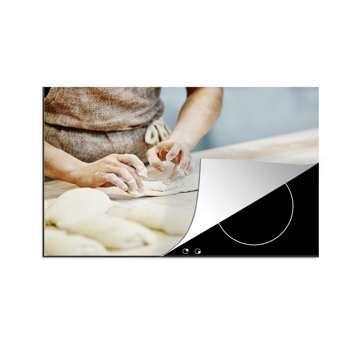 MuchoWow Herdblende-/Abdeckplatte Ein Bäcker, der Baguettes zubereitet, Vinyl, (1 tlg), 81x52 cm, Induktionskochfeld Schutz für die küche, Ceranfeldabdeckung