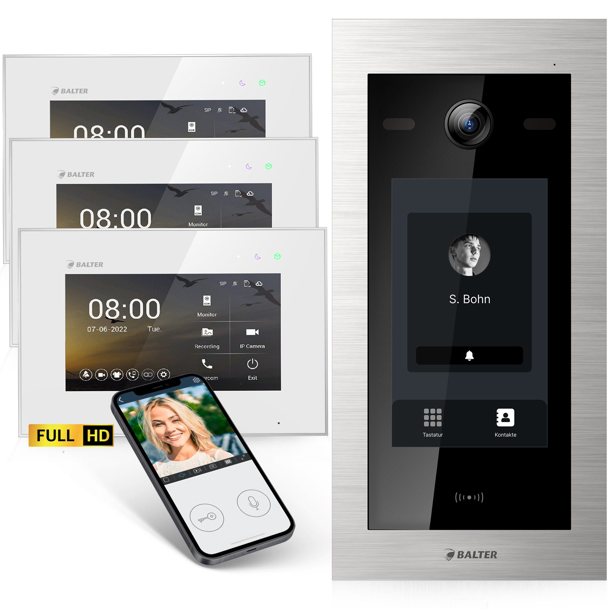 Balter Video-Türsprechanlage Video Türsprechanlage, Touchscreen, RFID, 1 Familienhaus, 3x Monitore (Komplettset, TOUCH RFID APP HD KAMERA INTERCOM)