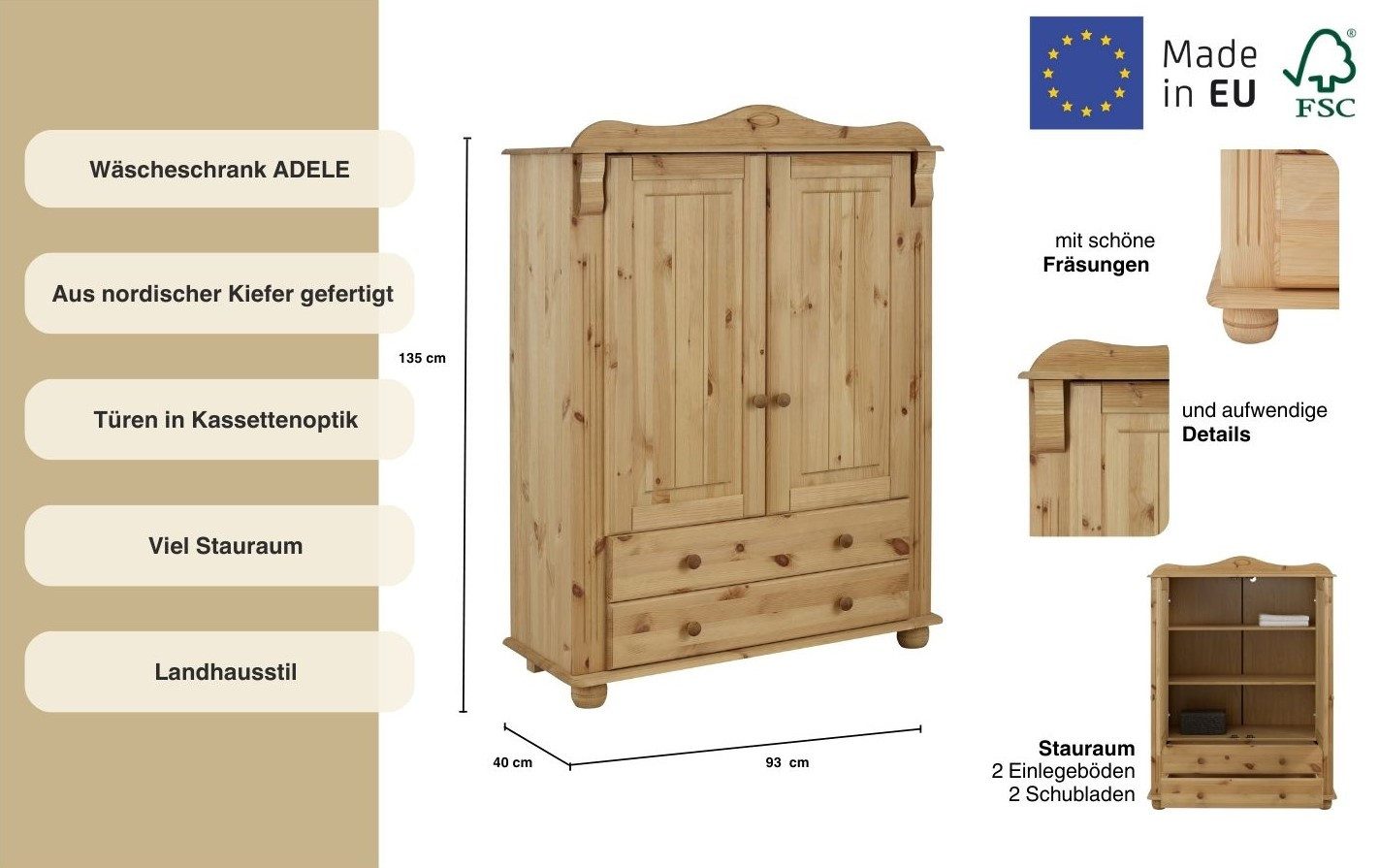 OTTO home Wäscheschrank Adele, Mehrzweckschrank (2 Breiten: 93/130 cm H/T ca. 135/40 cm) aus massiver Kiefer, 2-oder 3-türig