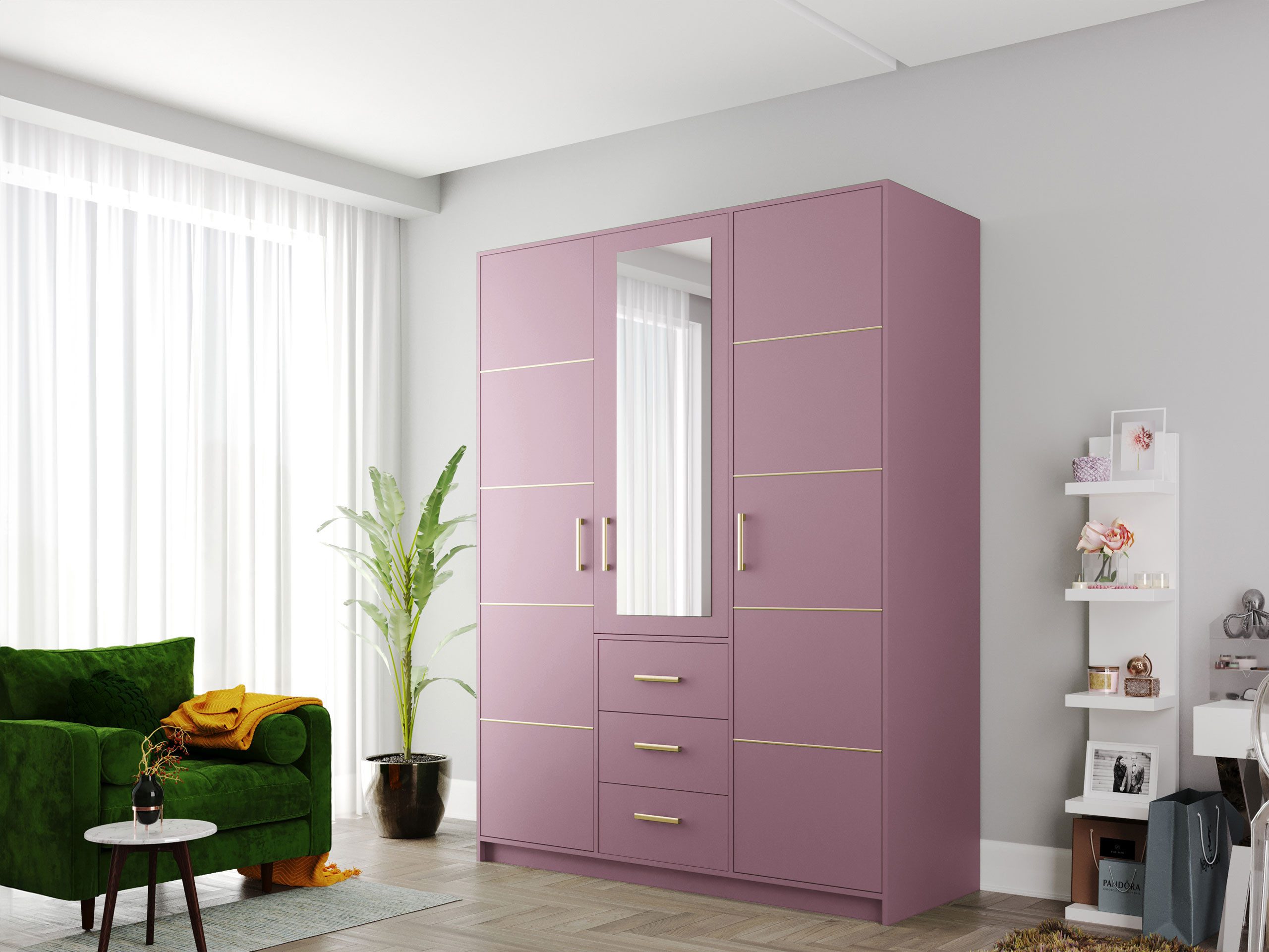 MIRJAN24 Kleiderschrank Bali D3 II (mit Drehtüren, Spiegel und Schubladen) Schrankaufsatz als Option