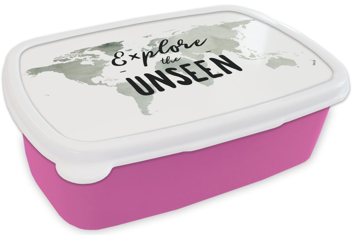 Kunststoff Kunststoff, Lunchbox Weltkarte rosa MuchoWow Kinder, Zitat, Snackbox, Mädchen, (2-tlg), Brotdose Weiß Erwachsene, - für Brotbox -