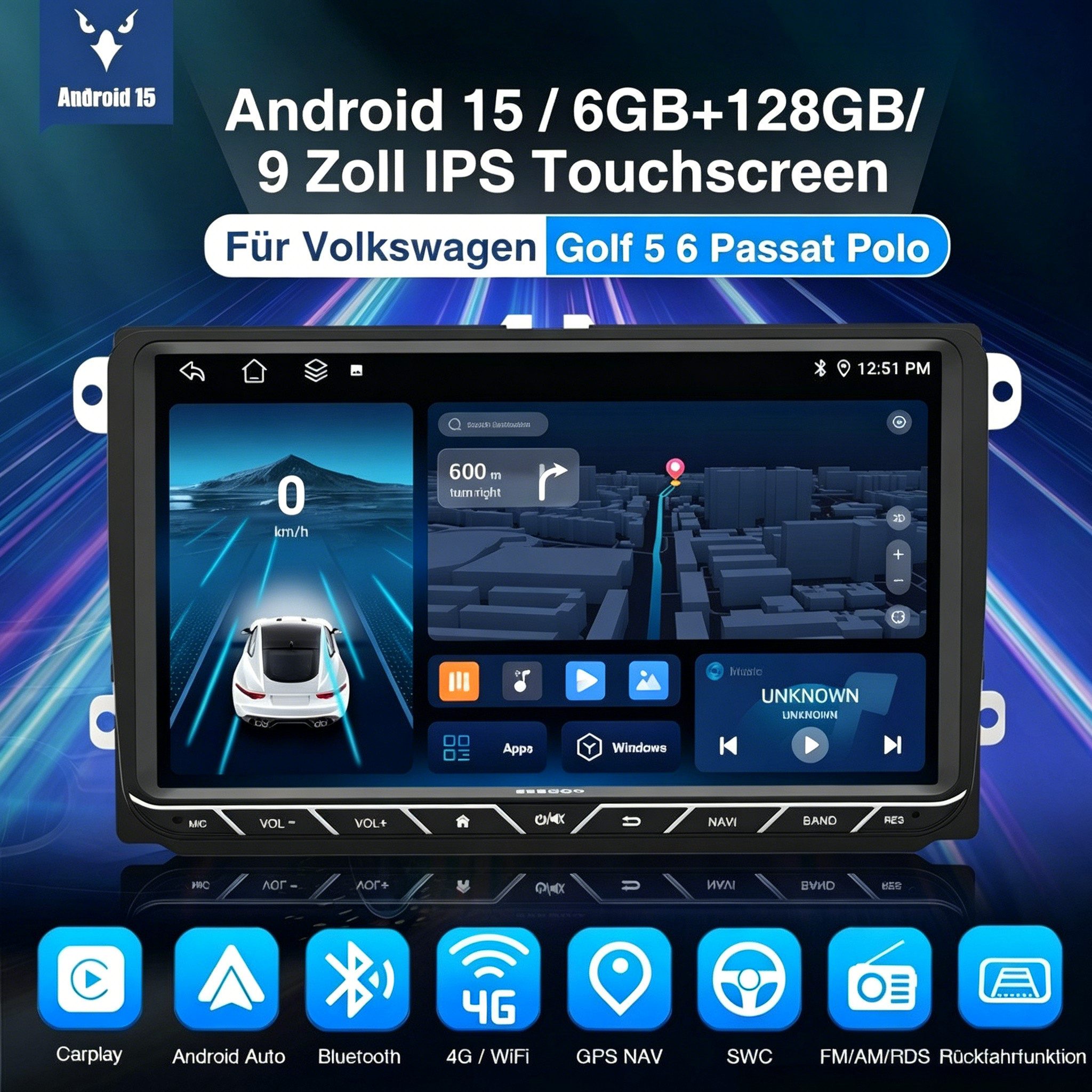 ESSGOO DAB+ Android15 6+128G Carplay GPS 4G Für VW GOLF 5 6 Touran Caddy Polo Autoradio (6GB+128GB, RDS, 4G LTE, FM, AM, DAB+ (optional), Carplay Android Auto Bluetooth EQ USB GPS Navi WIFI Touchscreen)