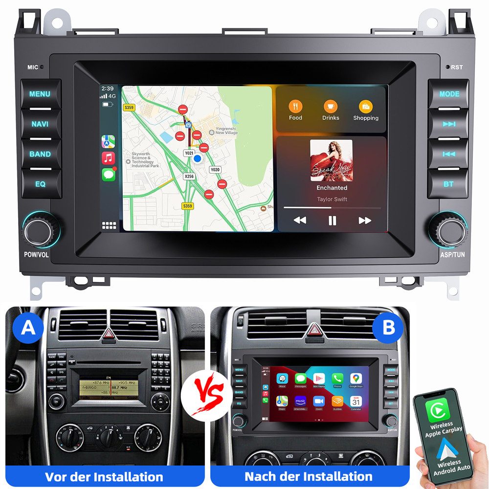 ESSGOO Für Mercedes-Benz A B Klasse Vito W169 W639 W245 Carplay Android Auto Navigationsgerät (Carplay Android Auto Bluetooth FM AM)