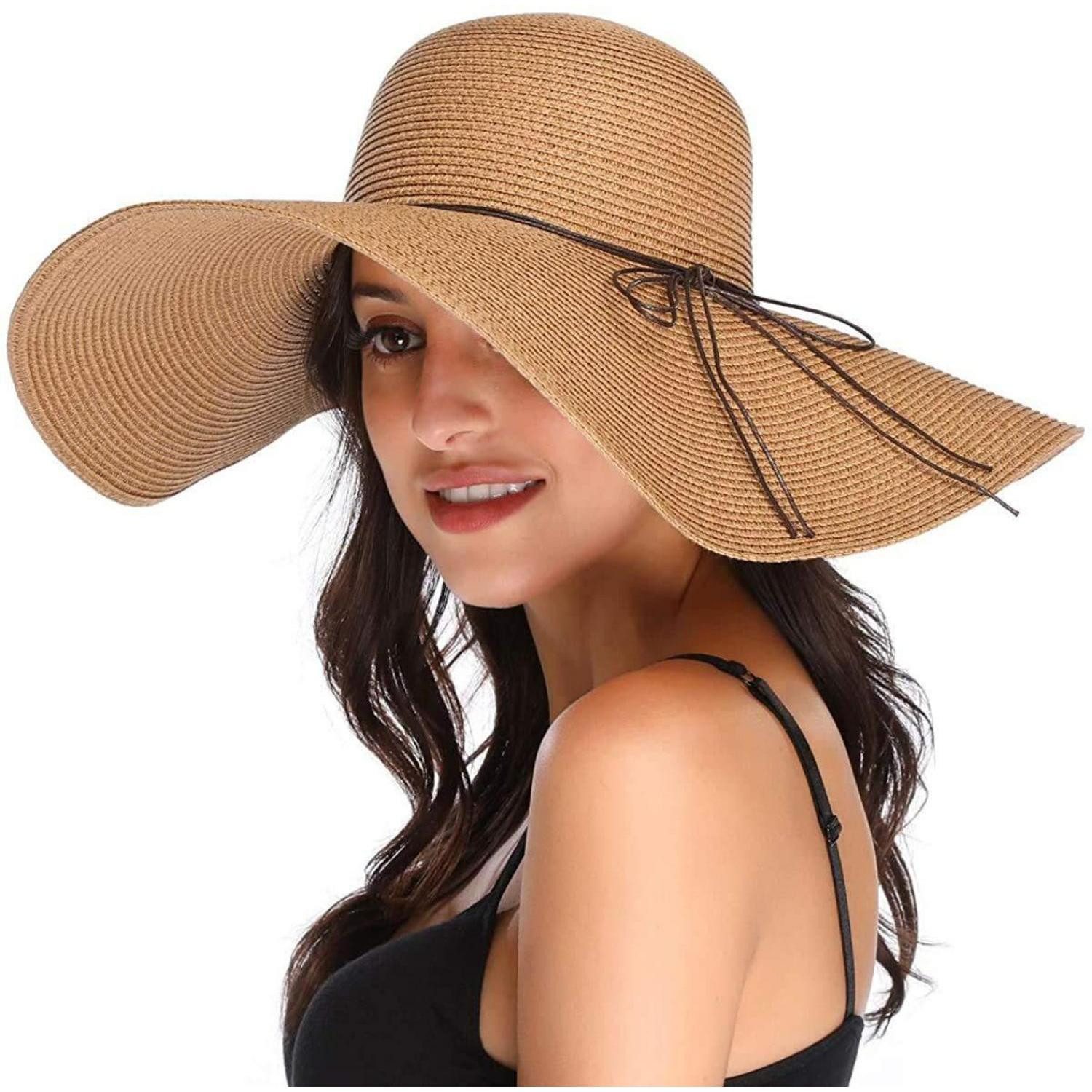 LuxusKollektion Strohhut Strohhut Damen Breiter Krempe Khaki (1-St)