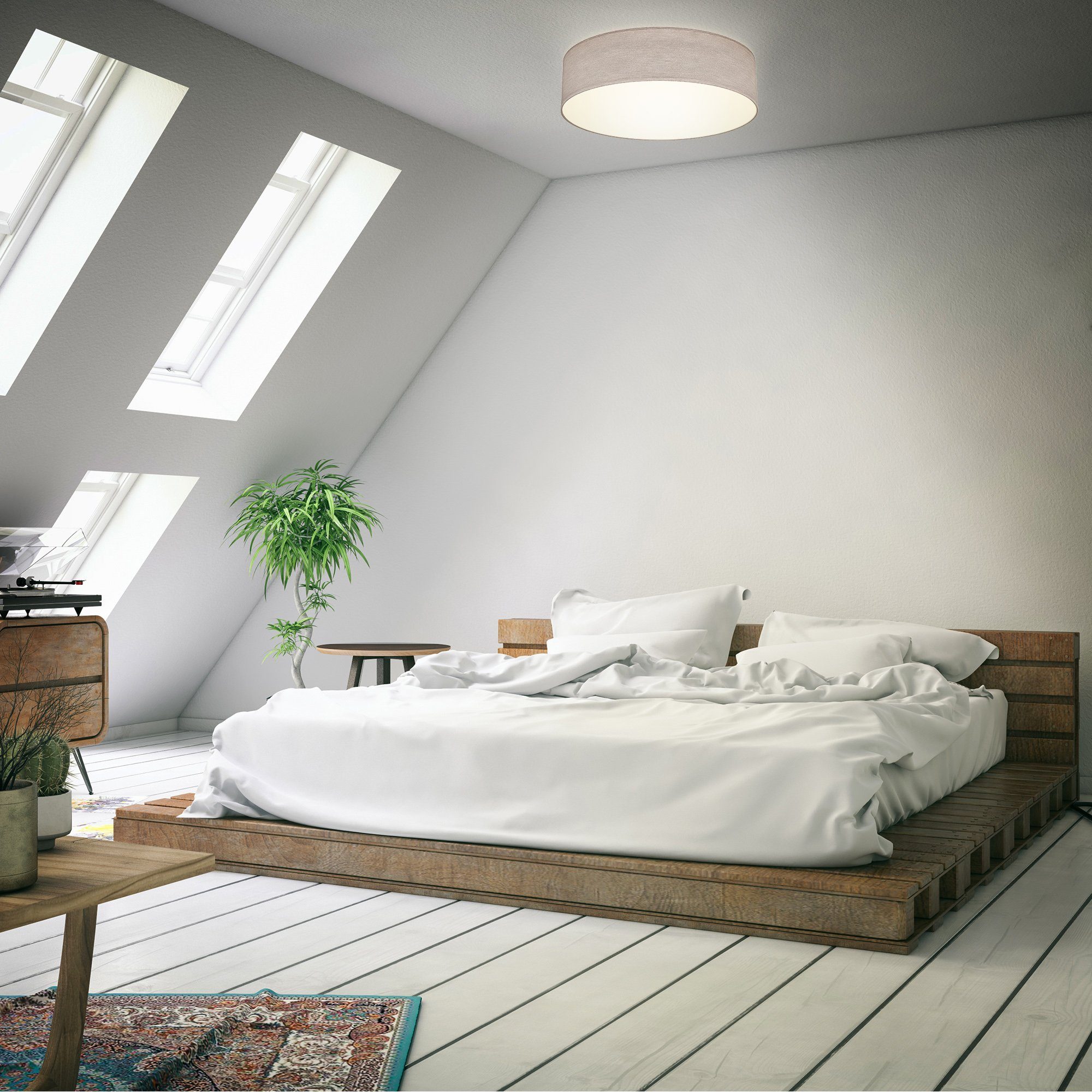 Deckenleuchte, Textilschirm taupe Schlafzimmer Stoff ohne Wohnzimmer 2xE27 Leuchtmittel, Warmweiß, Deckenlampe B.K.Licht LED