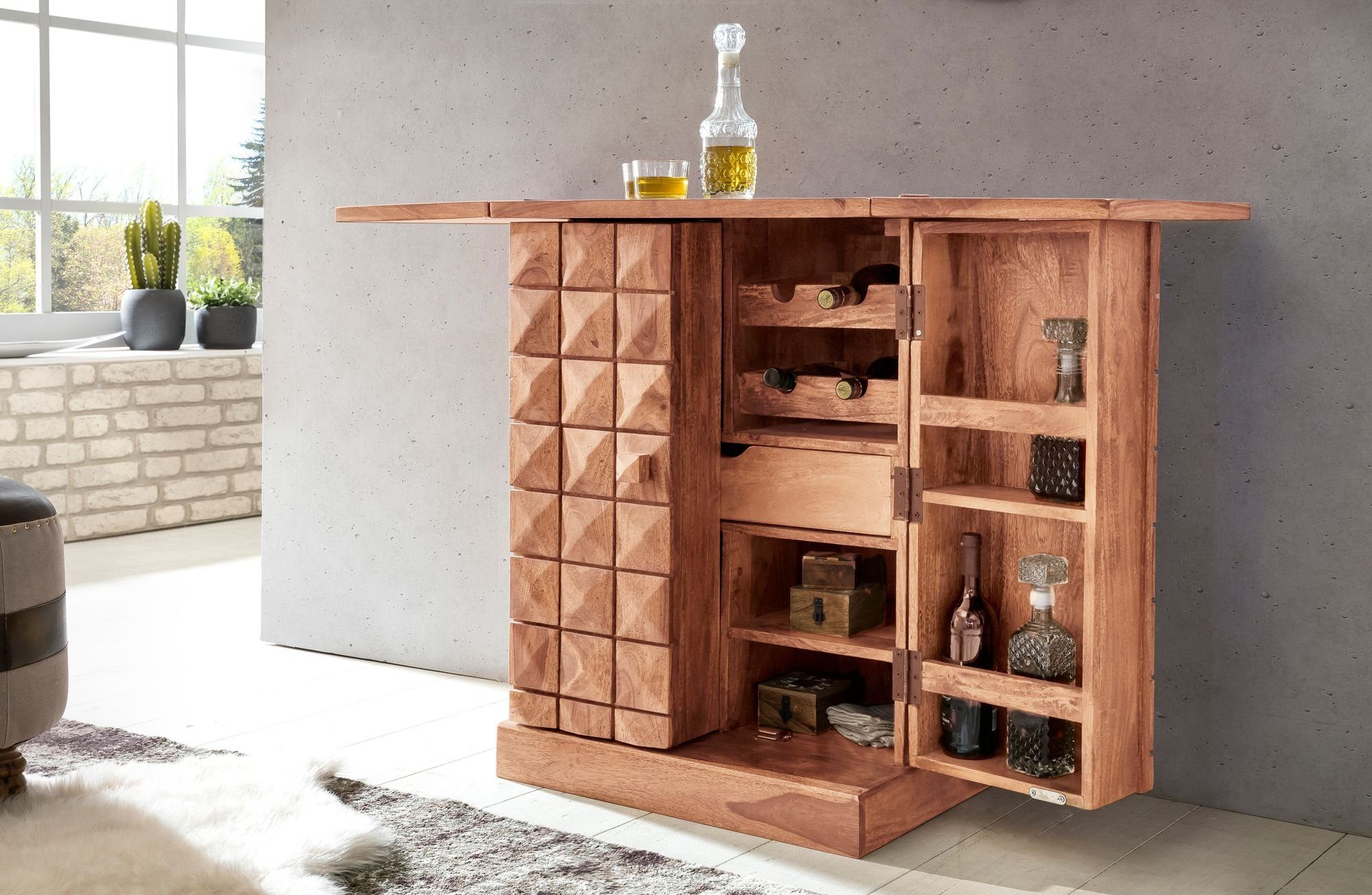 Wohnling Weinbar Ausklappbar, Akazie Buffet WL1.736 Türen) mit Kleine 65x91x50 Bar Barschrank cm (Hausbar Barschrank, Massivholz