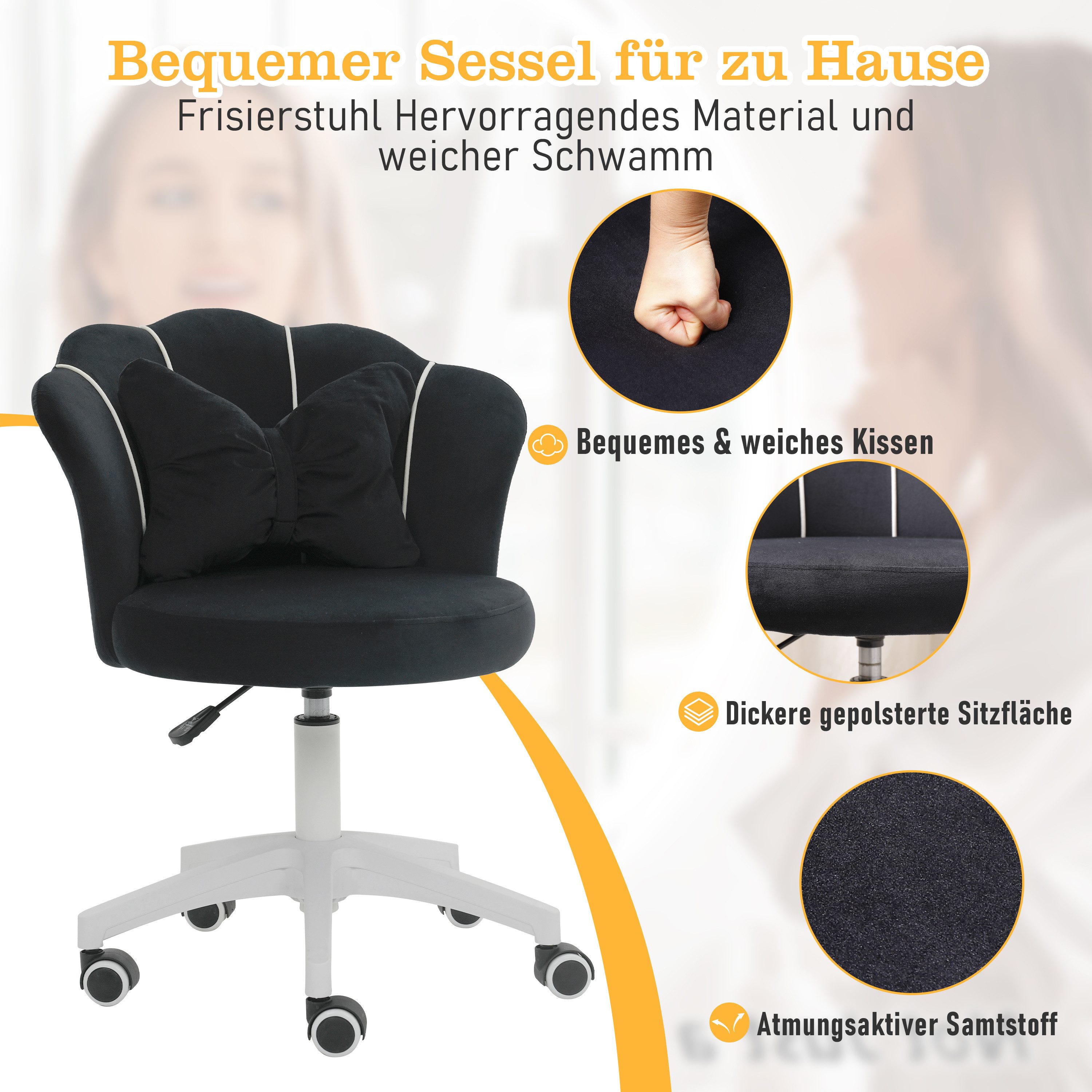 AISALL Drehstuhl Polsterstuhl mit Schleife Zierkissen, Ergonomischer Bürostuhl (1 St), Schminkstuhl mit Rollen, ideal für Homeoffice & Arbeitszimmer