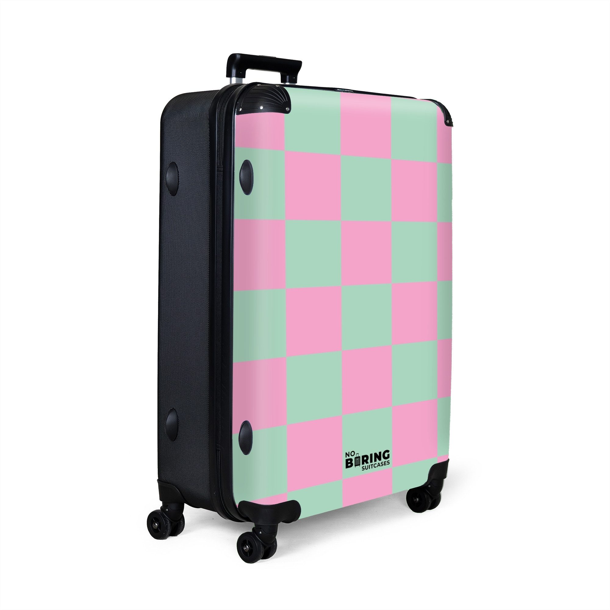 NoBoringSuitcases.com© Hartschalen-Trolley Rosa mit türkisem Schachbrettmus günstig online kaufen