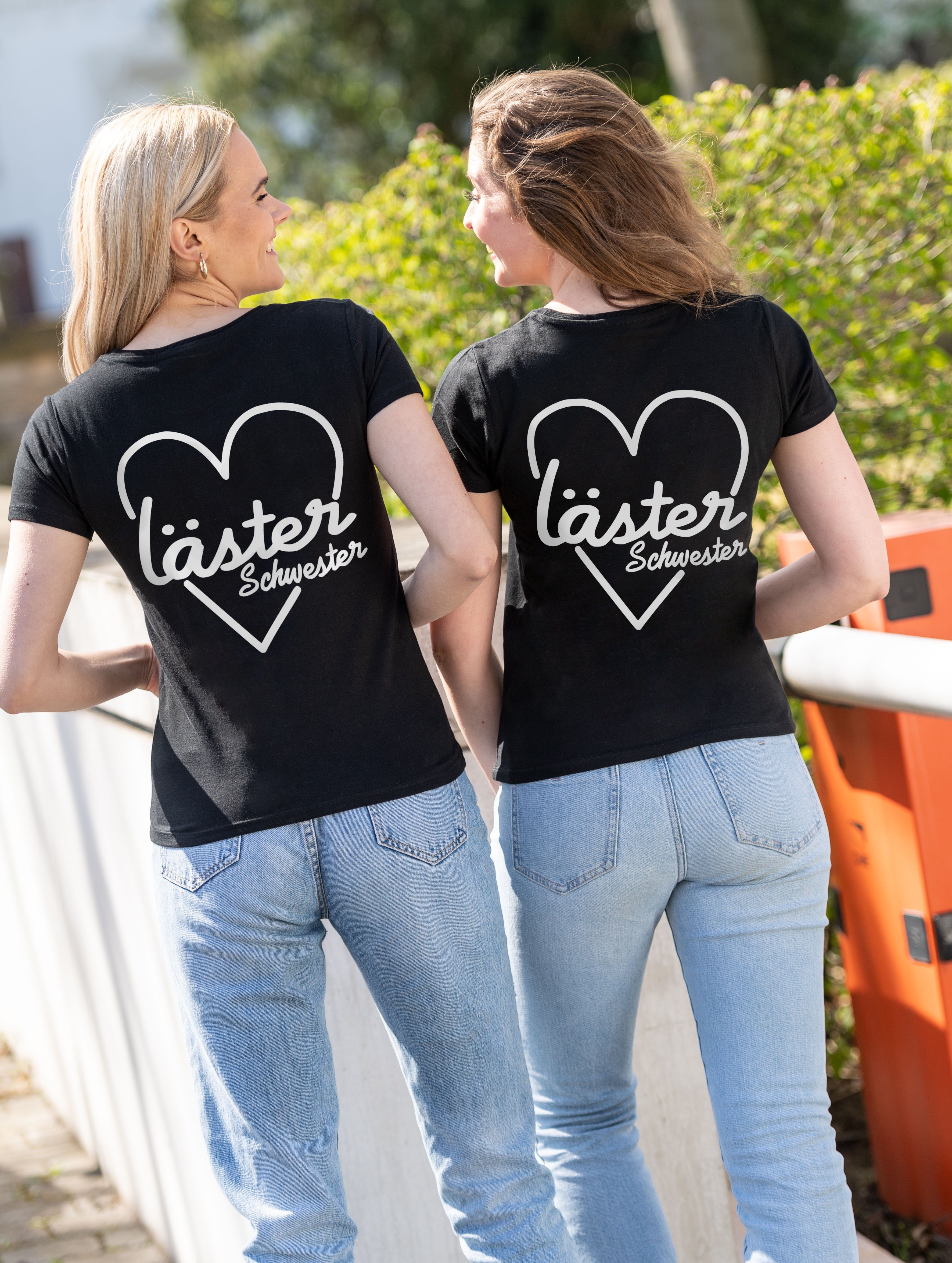und Lästerschwester Beste modischem Brust- Sister T-Shirt T-Shirt Freundin Couples Shop Schwarz Rückenprint mit