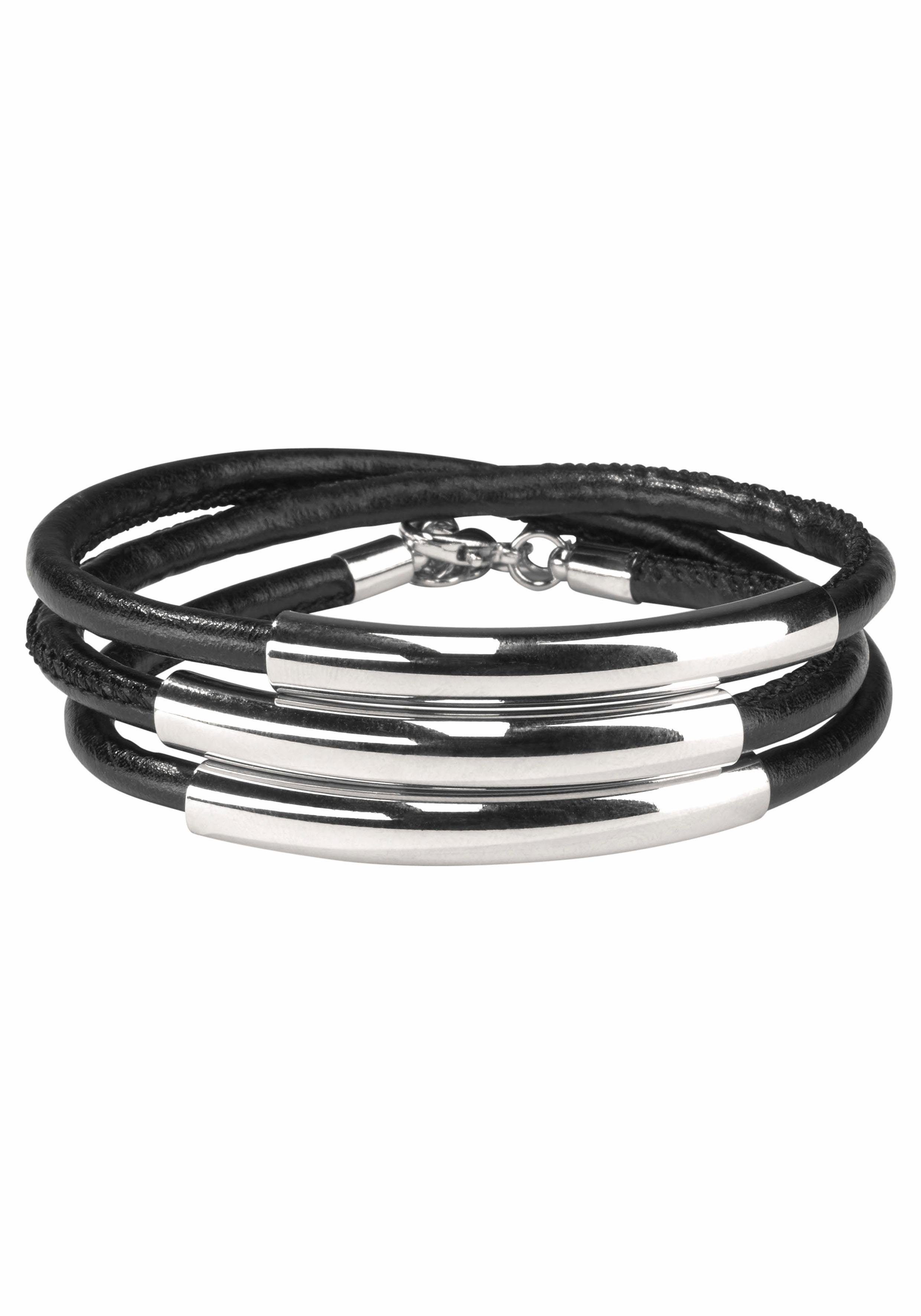 Firetti Wickelarmband schwarzes Armband zum Wickeln mit Naht und 3  Metallelementen (1-tlg) | Edelstahlarmbänder
