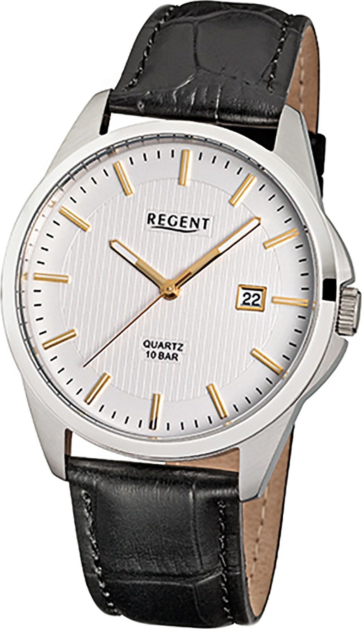 Regent Quarzuhr Regent Quarzuhr, rundes Leder Herren F-915 Gehäuse, Lederarmband, 39mm), Uhr Herrenuhr mittel mit Elegant (ca
