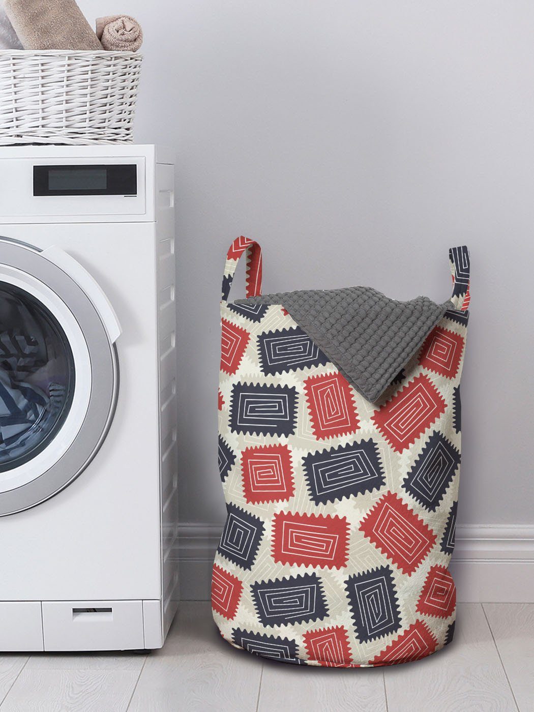 Griffen Jagged Kordelzugverschluss Wäschekorb mit Spirals Wäschesäckchen Waschsalons, Geometrisch Rectangles Abakuhaus für