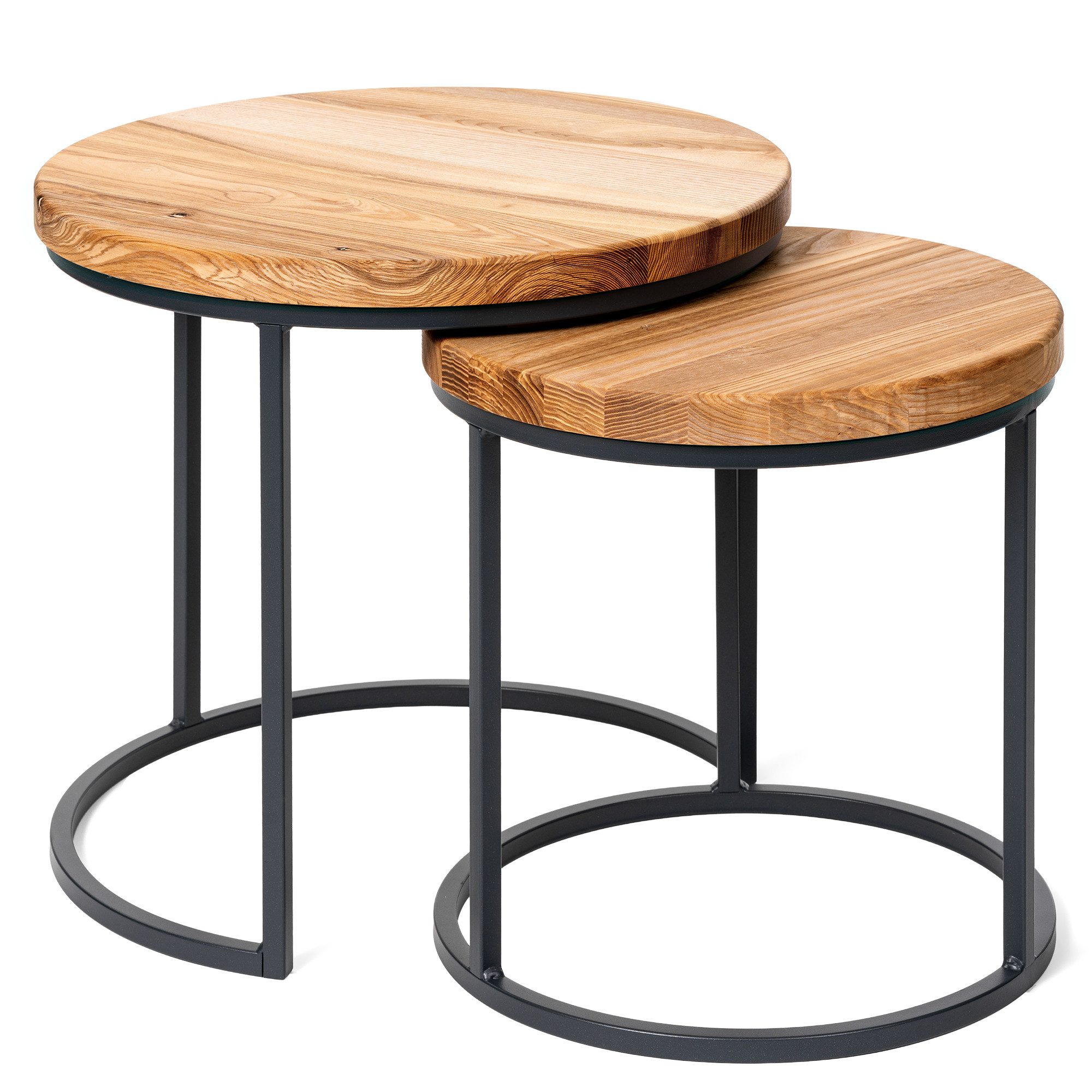 LAMO Manufaktur Beistelltisch Couchtisch rund 2er Set - Beistelltisch Holz -Wohnzimmertisch rund (2 Tisch), Sofatisch Holztisch für Wohnzimmer, Farbe: Dunkel, Beine: Antrazit