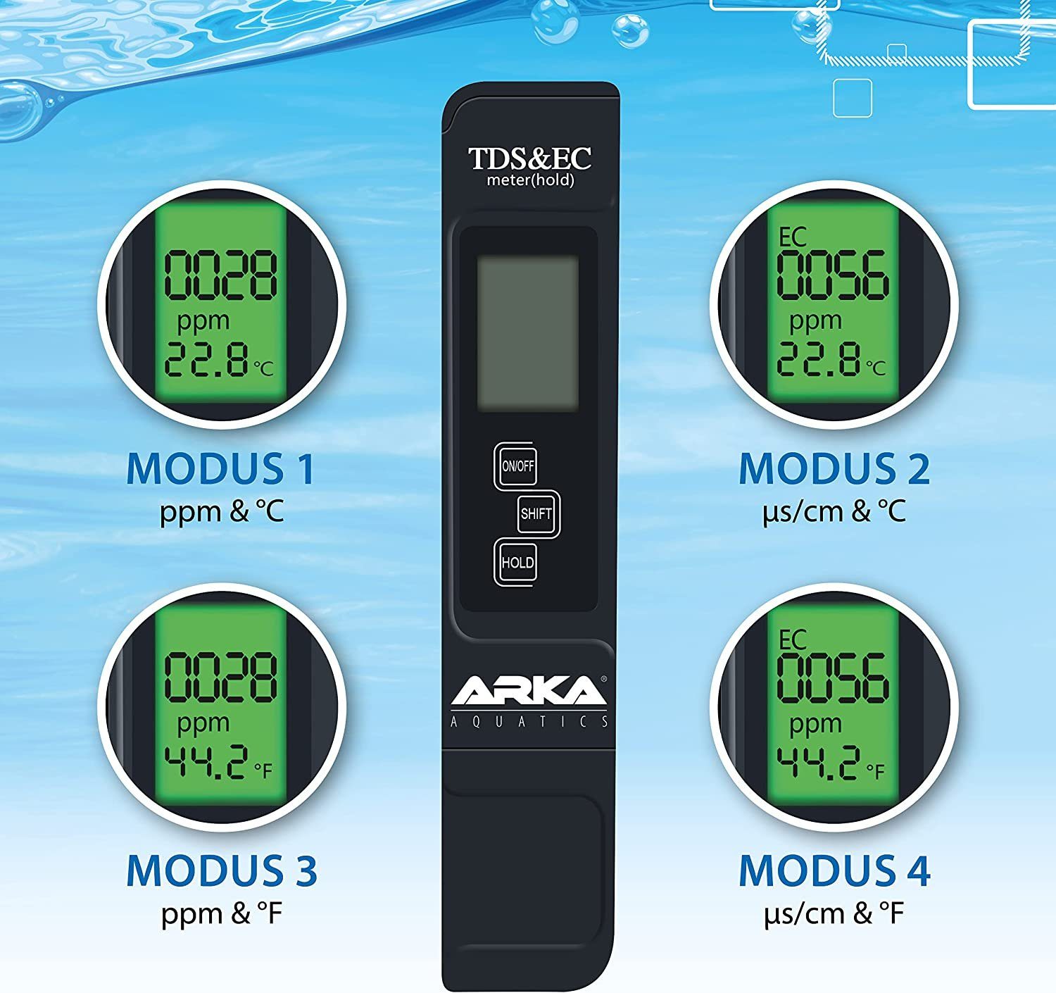 ARKA Biotechnologie GmbH Wasserteststreifen Arka TDS / EC - Messgerät 3in1 TDS & EC & Temperatur