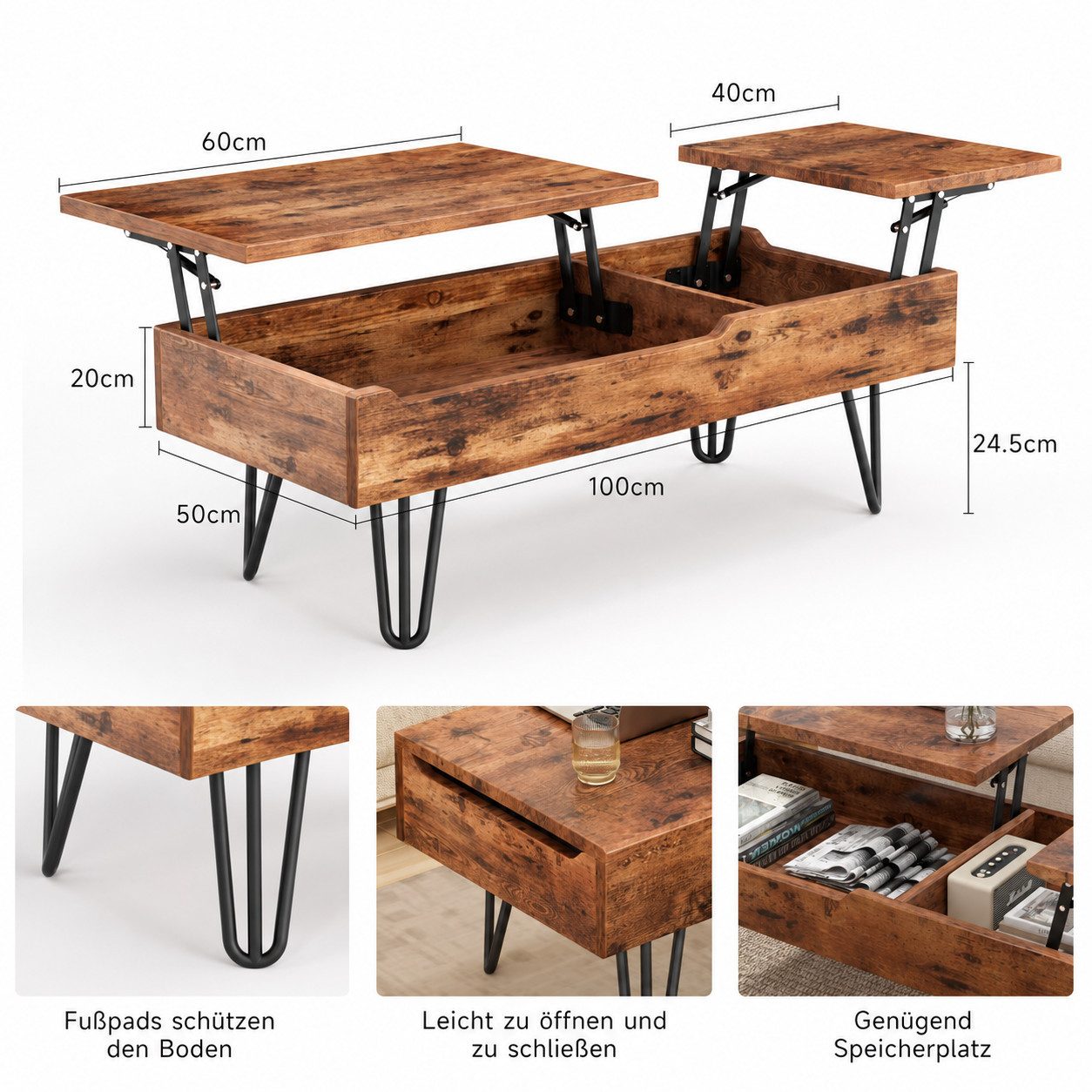 Gunuss Couchtisch höhenverstellbarer Wohnzimmertisch 100 *50*45cm Ablagefach Sofatisch (Kaffeetisch Ausziehbare Tischplatte, Auszug), Beistelltisch mit Doppelte – Bild 5 von 5