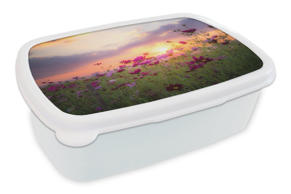 MuchoWow Lunchbox Sonnenuntergang - Blumen - Rosa - Natur - Grün, Kunststoff, (2-tlg), Brotbox für Kinder und Erwachsene, Brotdose, für Jungs und Mädchen weiß