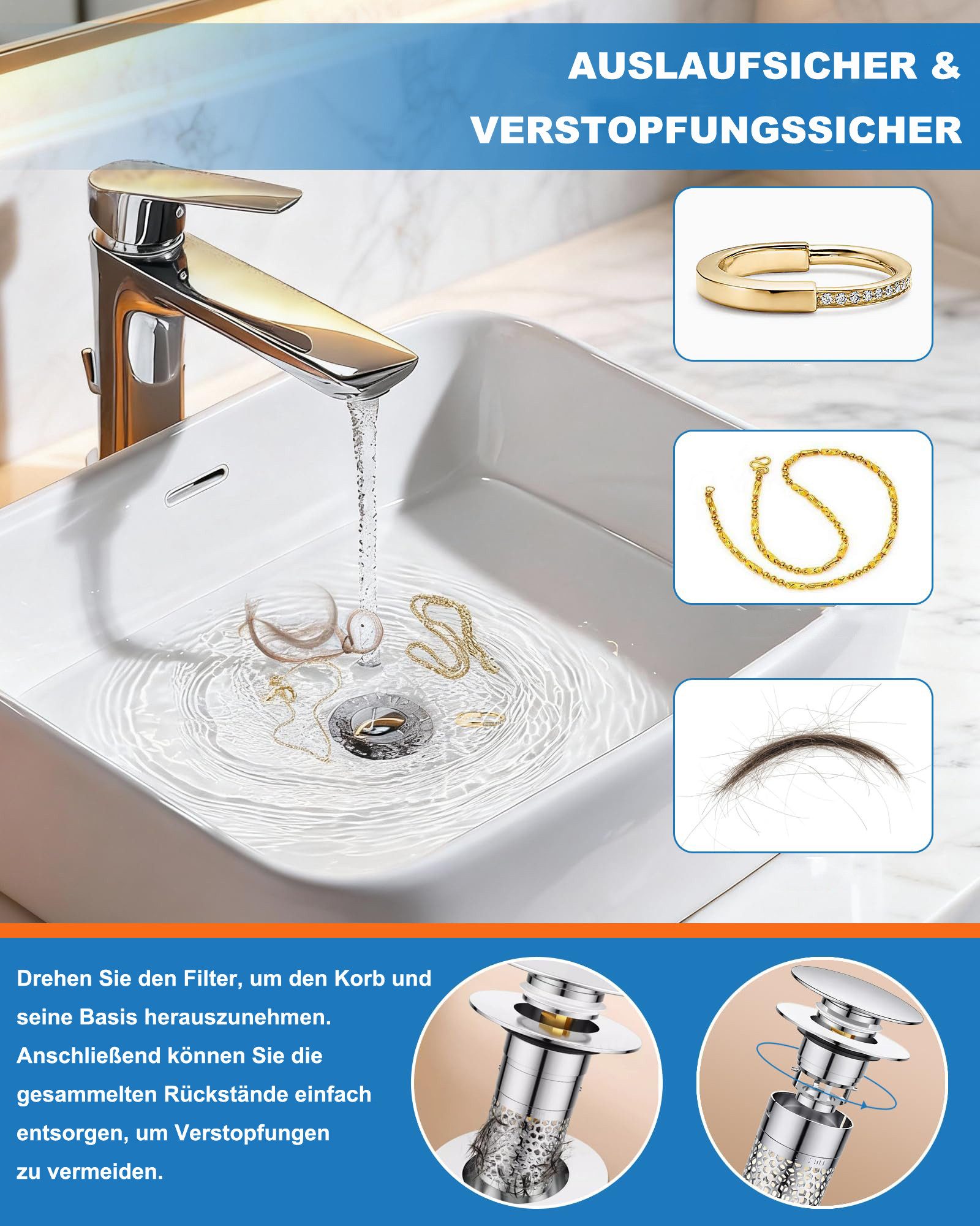 Agger Waschbeckenstöpsel Pop-Up Abflussstöpsel Edelstahl – Universeller Waschbecken Stopfen, (1 St), Mit Sieb & Dichtung für Bad, Küche und Waschbecken, Anti-Ve – Bild 5 von 5