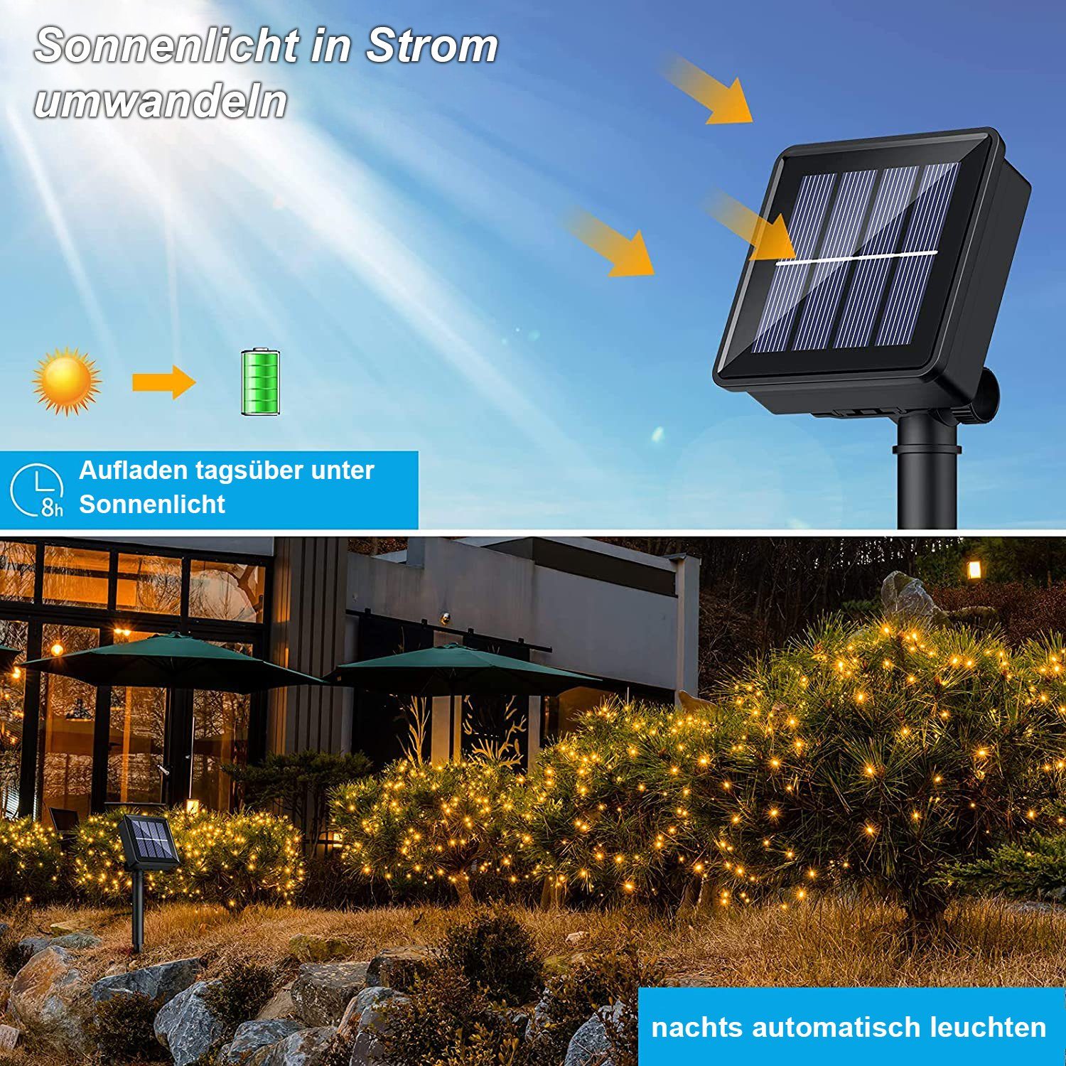 Aussen, Lichterkette Kupferdraht Solar 10M/20M LED-Lichterkette Lichterkette Oneid Warmweiß