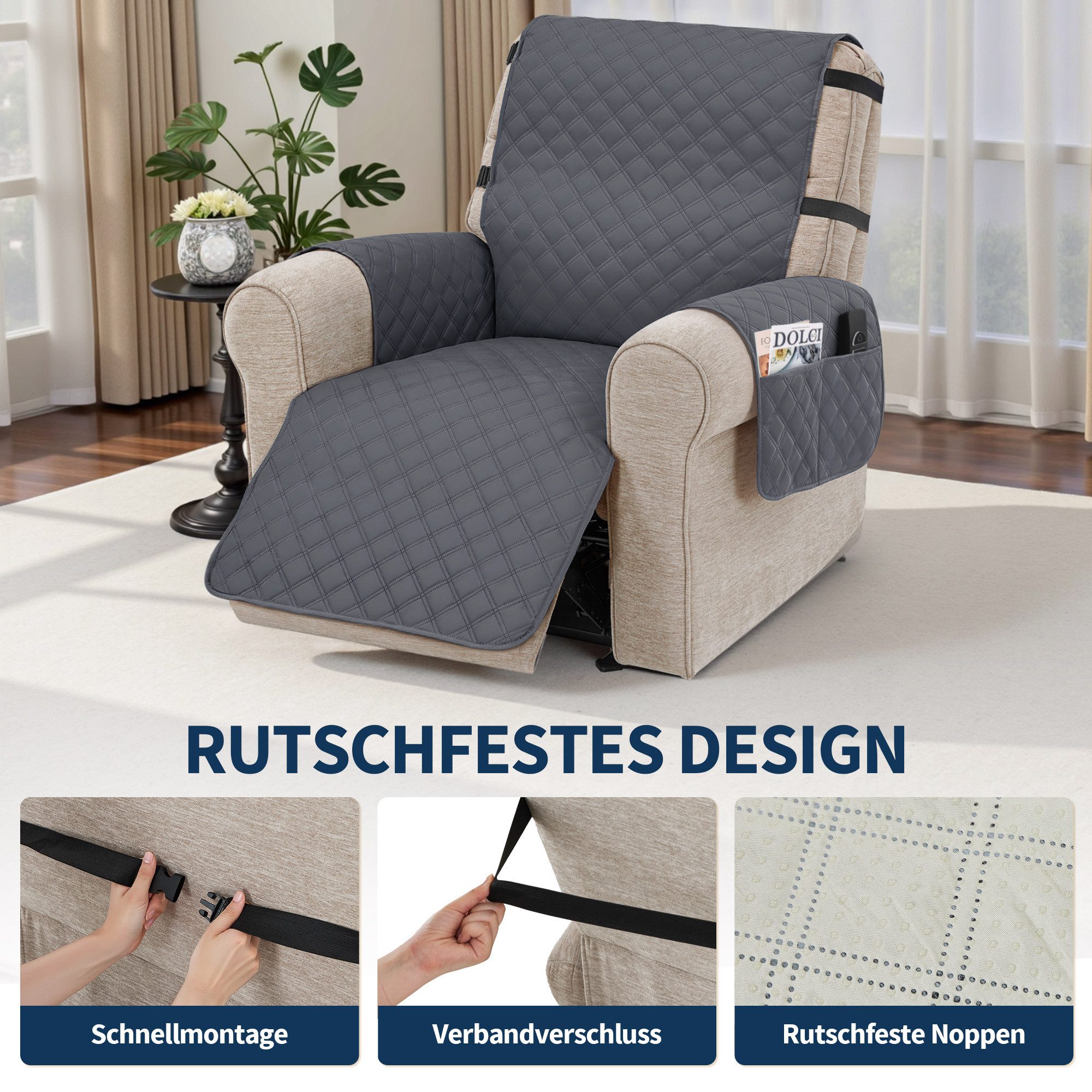 MCombo Sofabezug M MCombo Sesselschoner für Relaxsessel C1833, Wasserdicht & Anti-Rutsch, mit Armlehne & Taschen – Bild 5 von 5