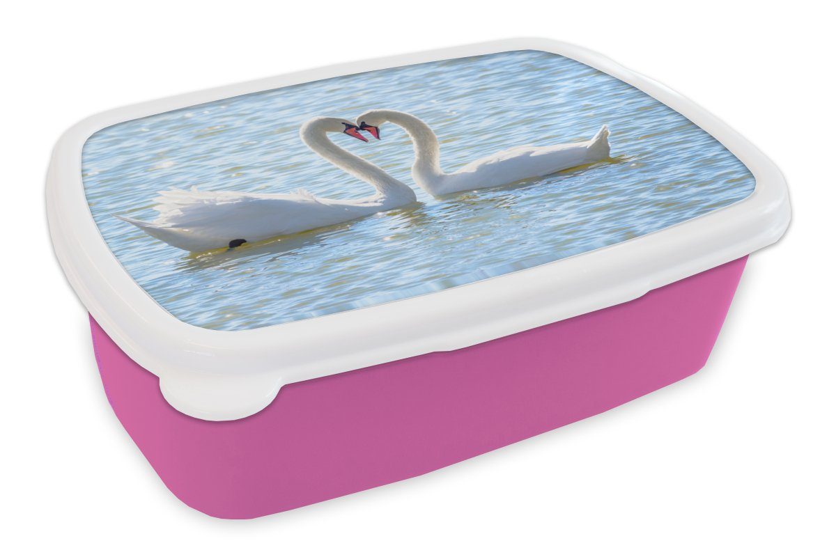 MuchoWow Lunchbox Vögel - Schwan - Wasser - Liebe - Sonne, Kunststoff, (2-tlg), Brotbox für Erwachsene, Brotdose Kinder, Snackbox, Mädchen, Kunststoff rosa