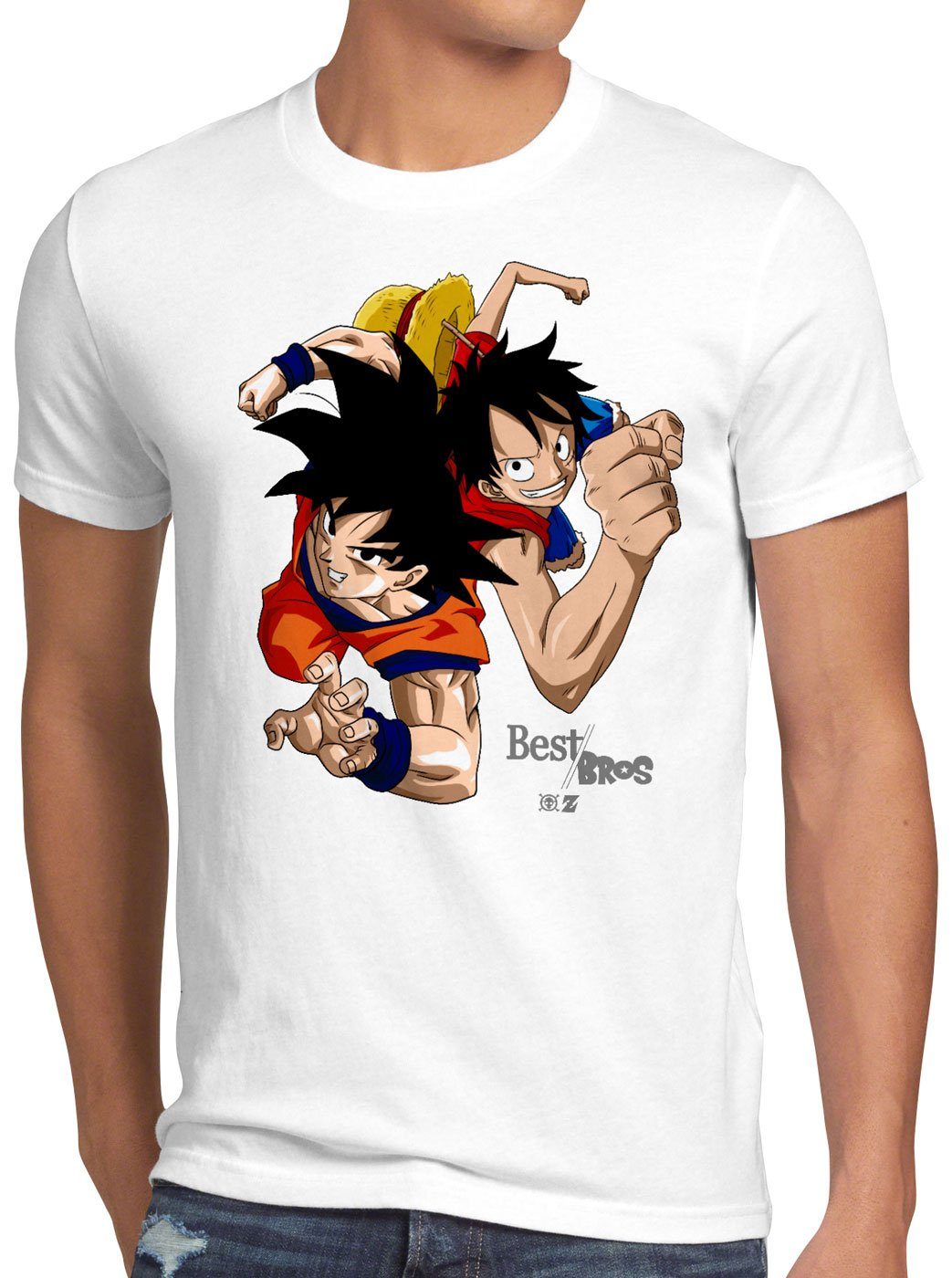 style3 Print-Shirt Herren T-Shirt Goku Ruffy - Best Bro's strohhut z saiyan weiß
