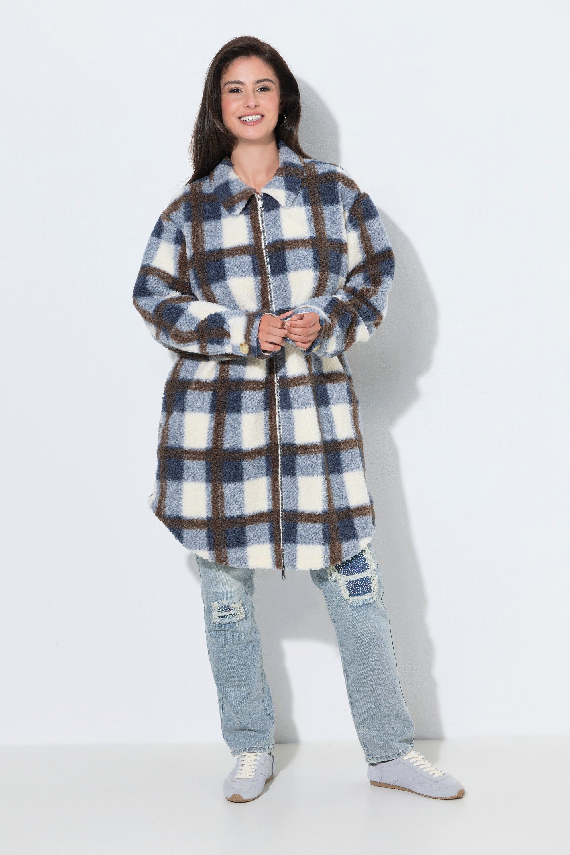 Ulla Popken Fleecejacke Teddyjacke Karomuster Hemdkragen Langarm