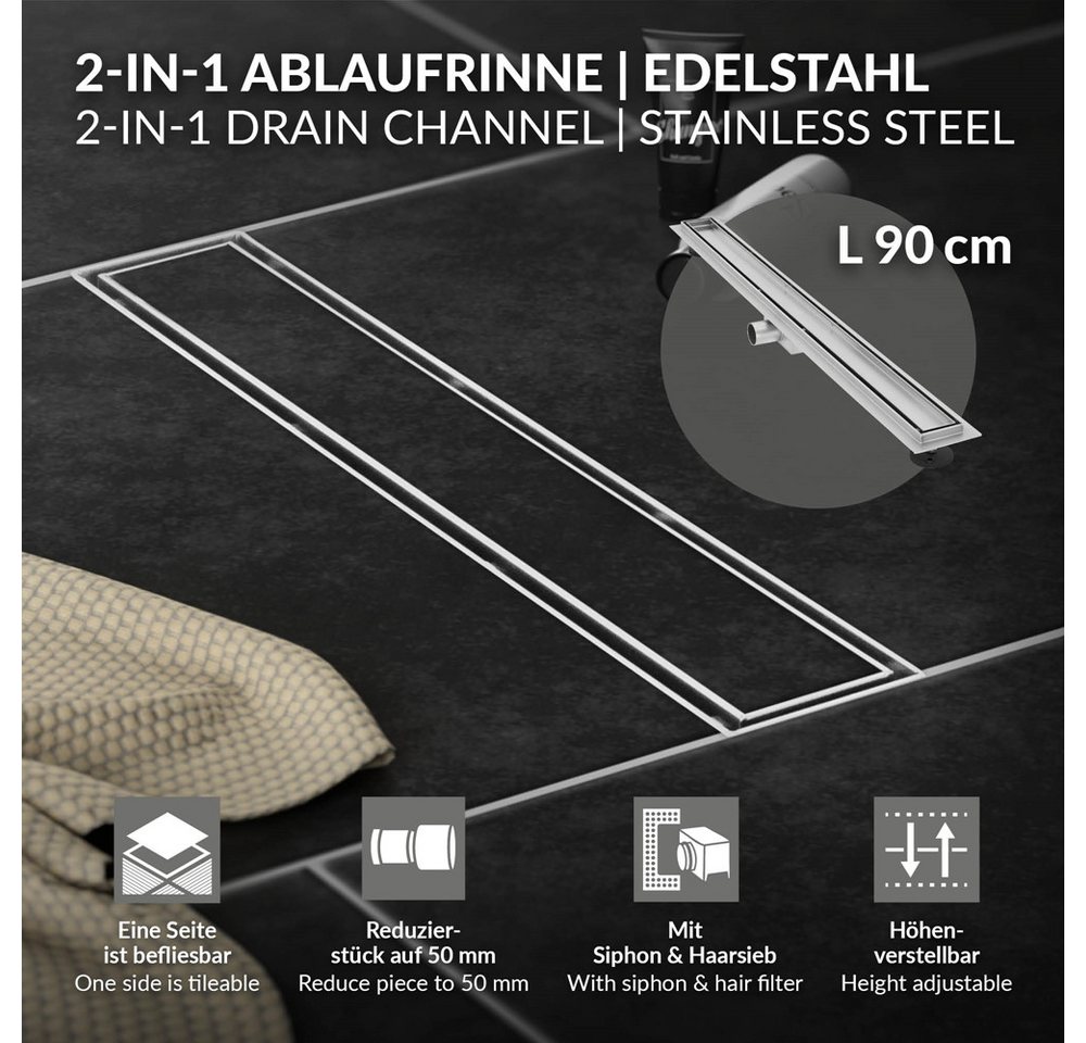 Thumbnail - LuxeBath Duschrinne Edelstahl Doppelseitige Bodenablauf 2in1, Komplettset Bodenbefestigung, Duschablauf, Siphon mit Geru...