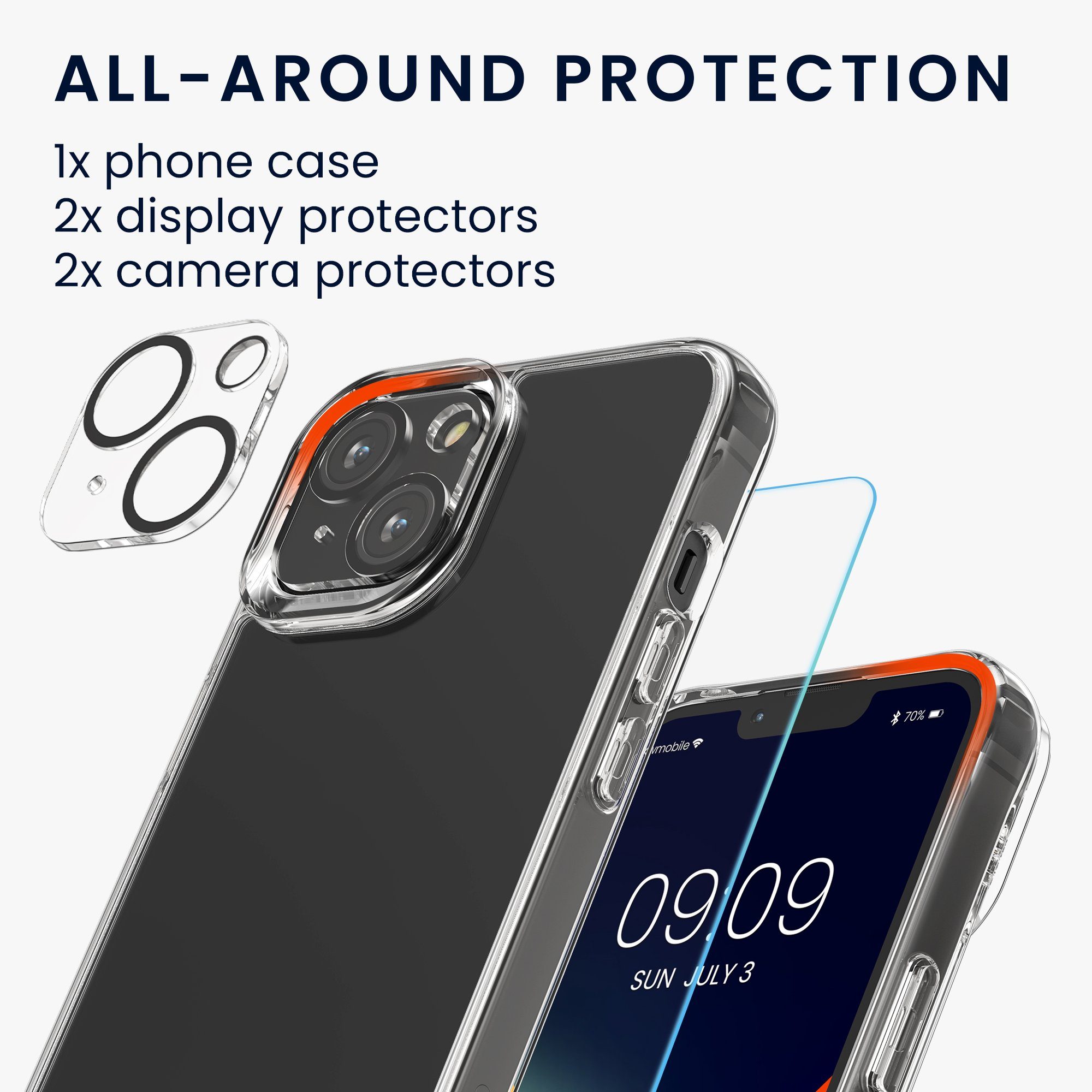 kwmobile Handyhülle 5in1 Set Handyhülle für Apple iPhone 14 Hülle, 1x stoßsichere Schutzhülle 2x Schutzglas Display 2x Kamerschutz Glas