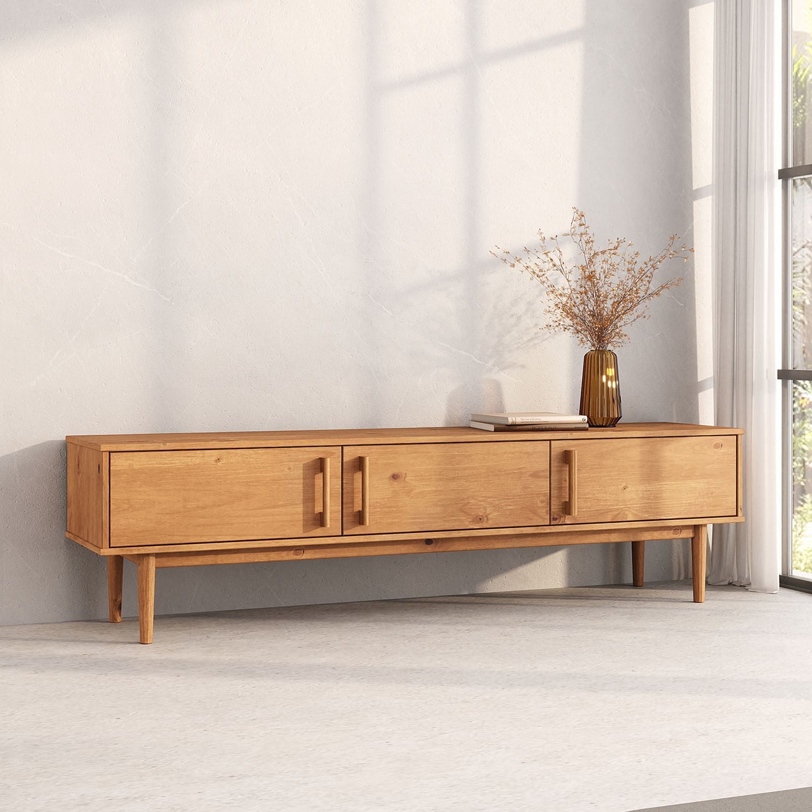 IDIMEX Lowboard TECCA, Niedriges Sideboard aus Massivholz mit 3 Türen Wohnzimmer Eiche Finish