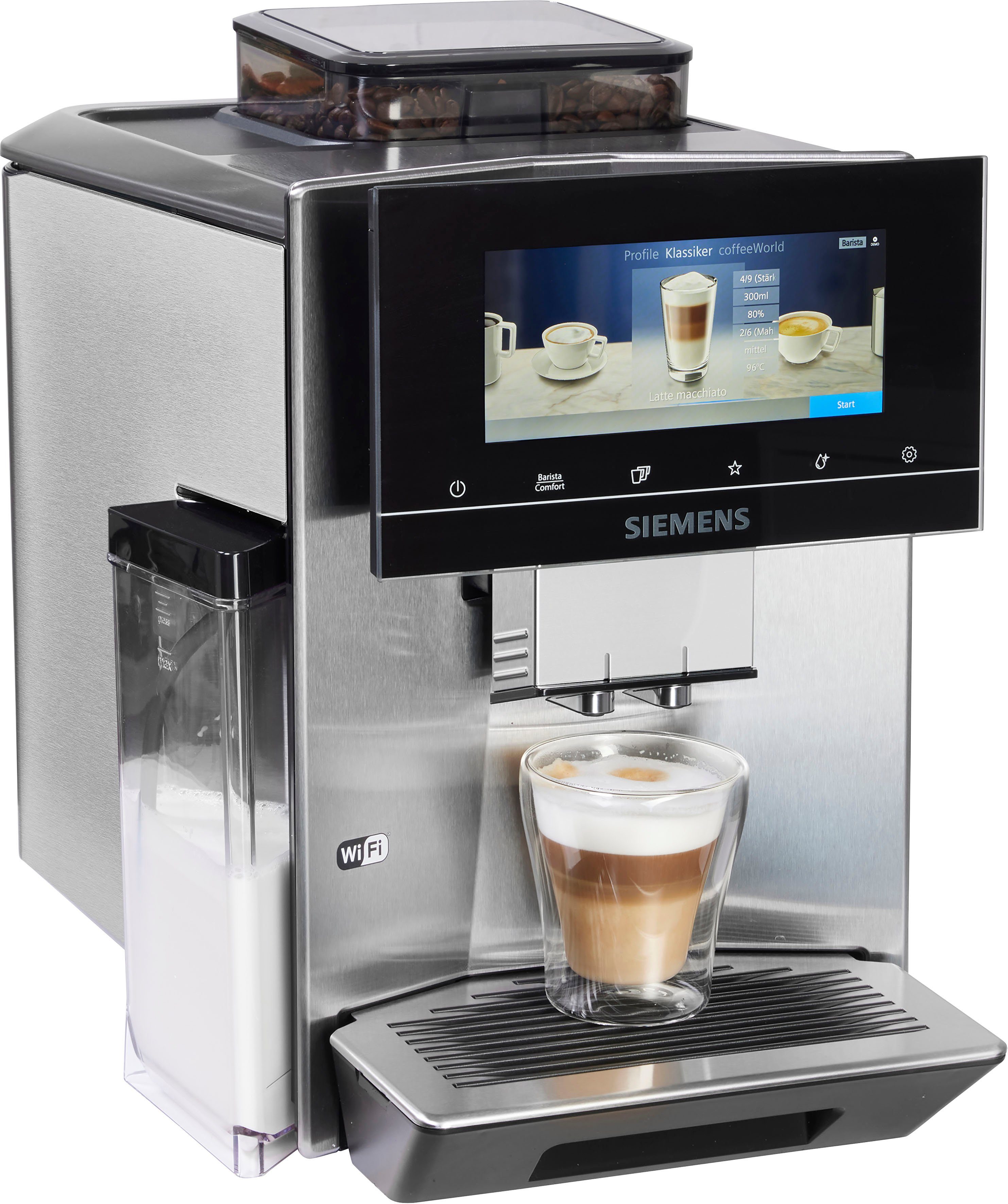 SIEMENS Kaffeevollautomat EQ900 TQ903D43, intuitives 6,8" TFT-Display, Geräuschreduzierung, App-Steuerung, Barista-Modus, AromaSelect, 3 Profile, edelstahl