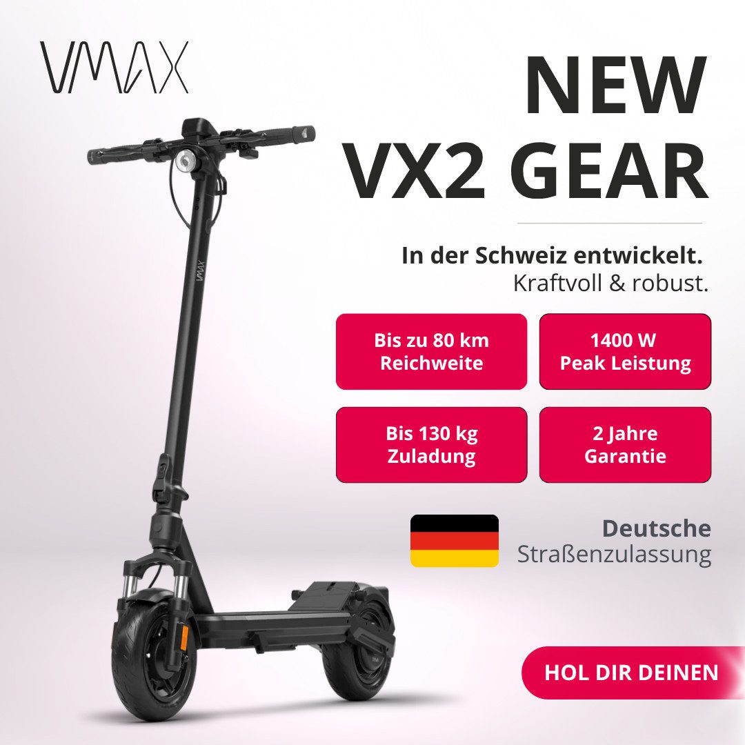 VMAX E-Scooter VMAX NEW VX2 Gear, 50 km Reichweite, Straßenzulassung, vollgefedert, 500 W, 20 km/h, VMAX E-Scooter VX2 Gear E-Scooter, 50 km Reichweite
